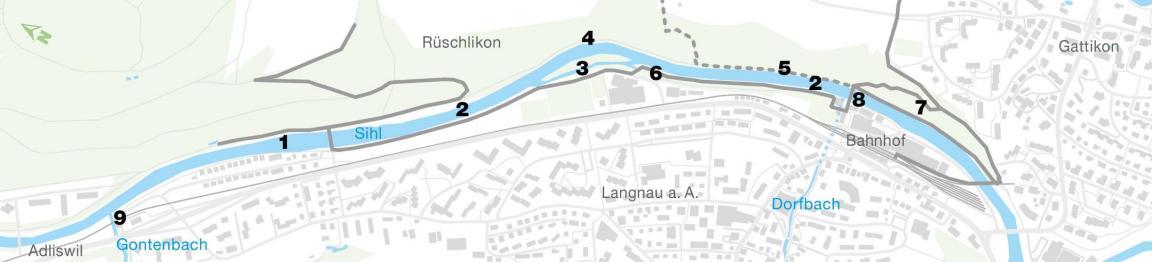 Kartenansicht der geplanten ökologischen Ersatzmassnahmen an der Sihl.