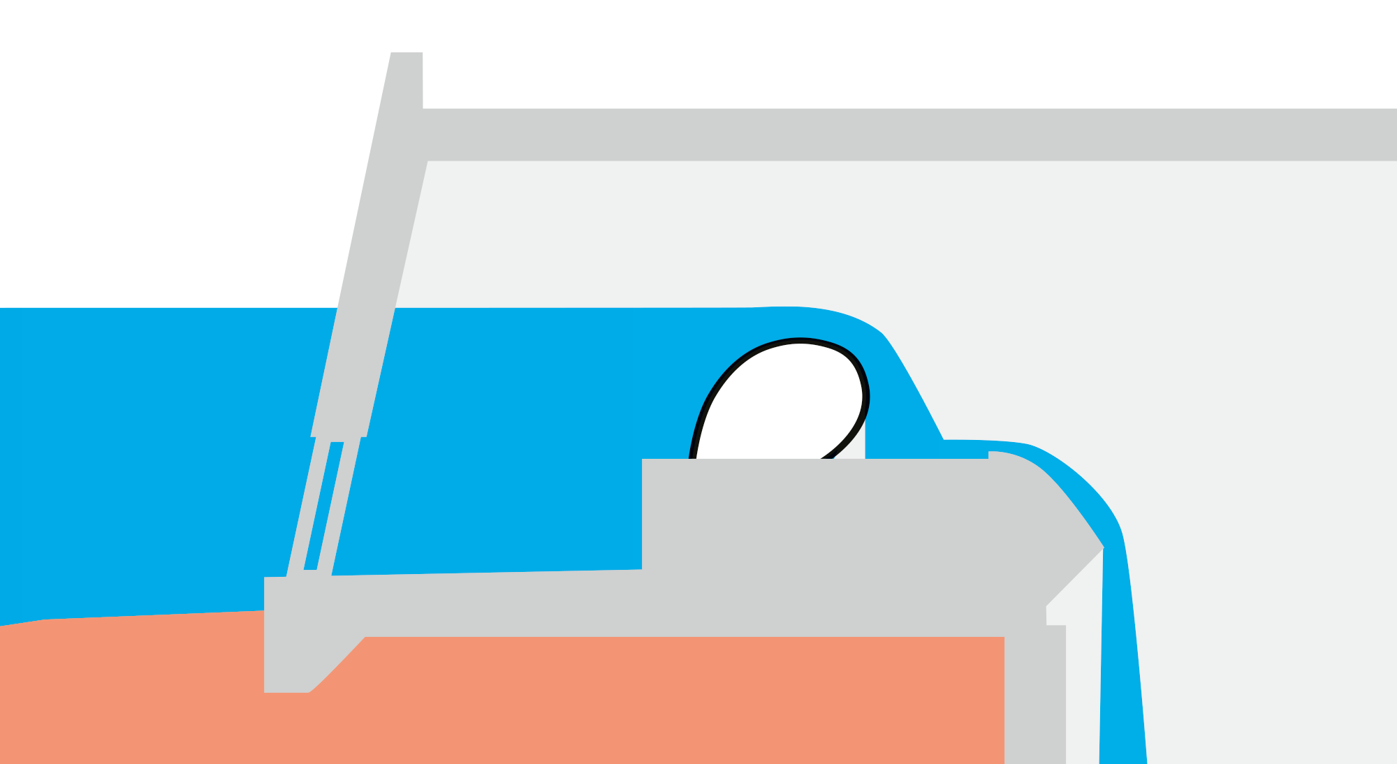 Das Schlauchwehr in der Mitte ist halb gefüllt, Wasser strömt von links nach rechts in den Stollen hinein.