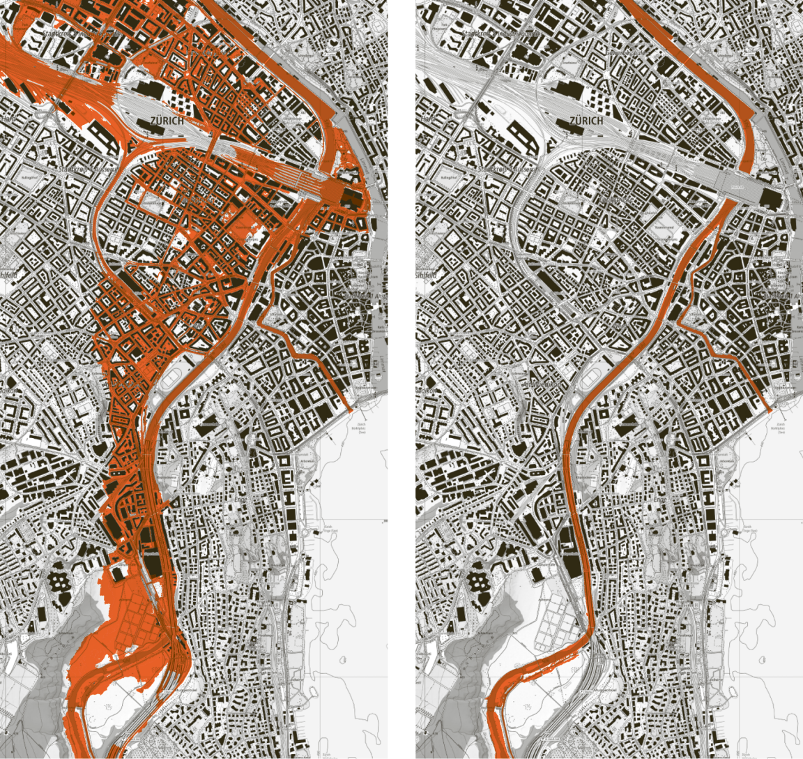 Zwei Karten der Stadt Zürich mit eingezeichneten Überschwemmungsgebieten. Links: der Zustand heute. Bei einem Extremhochwasser wären grosse Teile der Allmend Brunau, der Gebiete rund um den Bahnhof Wiedikon, der Kreise 4 und 5 sowie das Gleisfeld und der HB betroffen. Rechts: Nach der Fertigstellung des Stollens bleibt das Hochwasser im Flussbett der Sihl. 