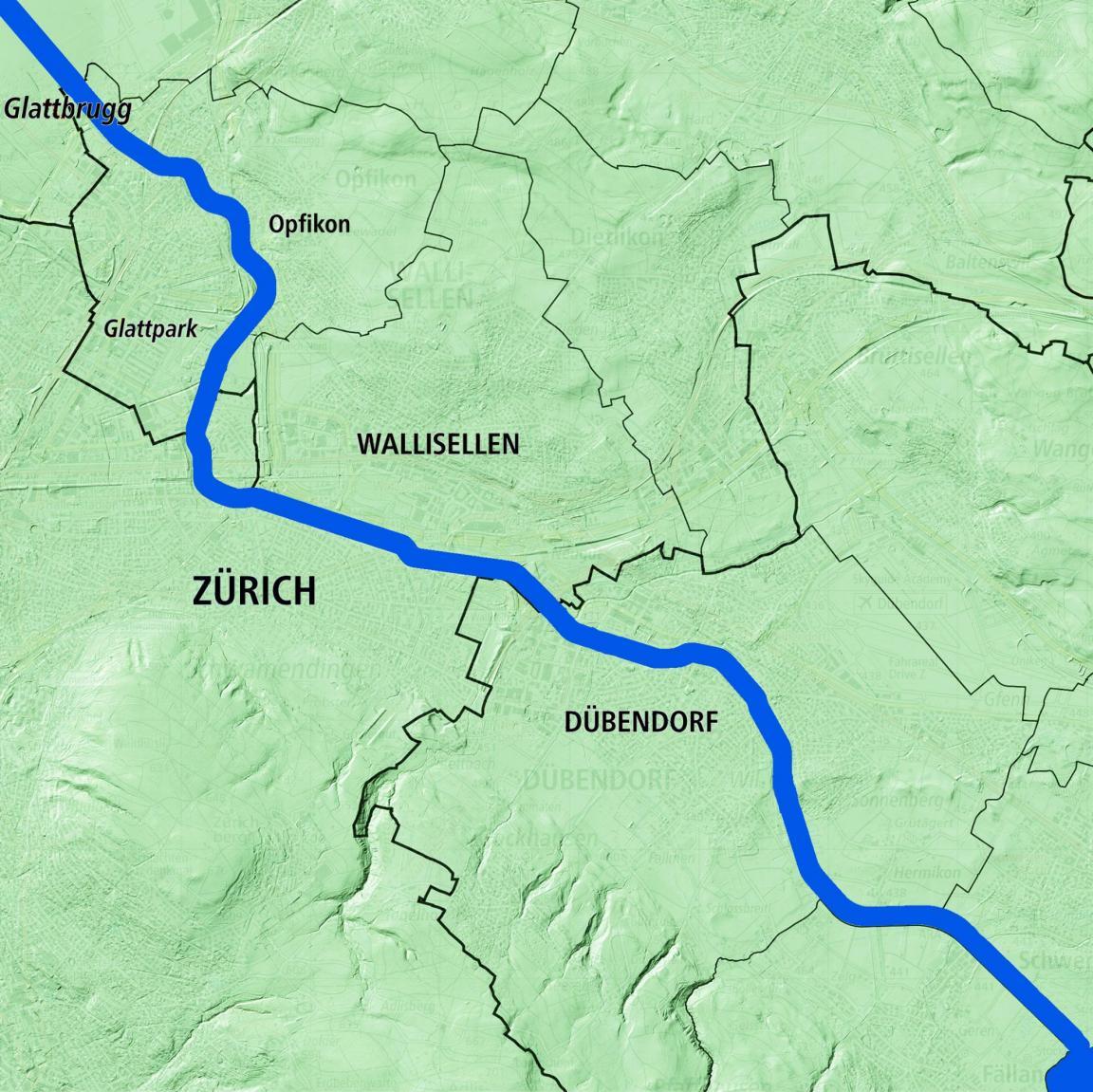 Karte, die den Verlauf des Flusses Glatt durch die Gemeinden Glattbrugg, Opfikon, Wallisellen und Dübendorf darstellt.