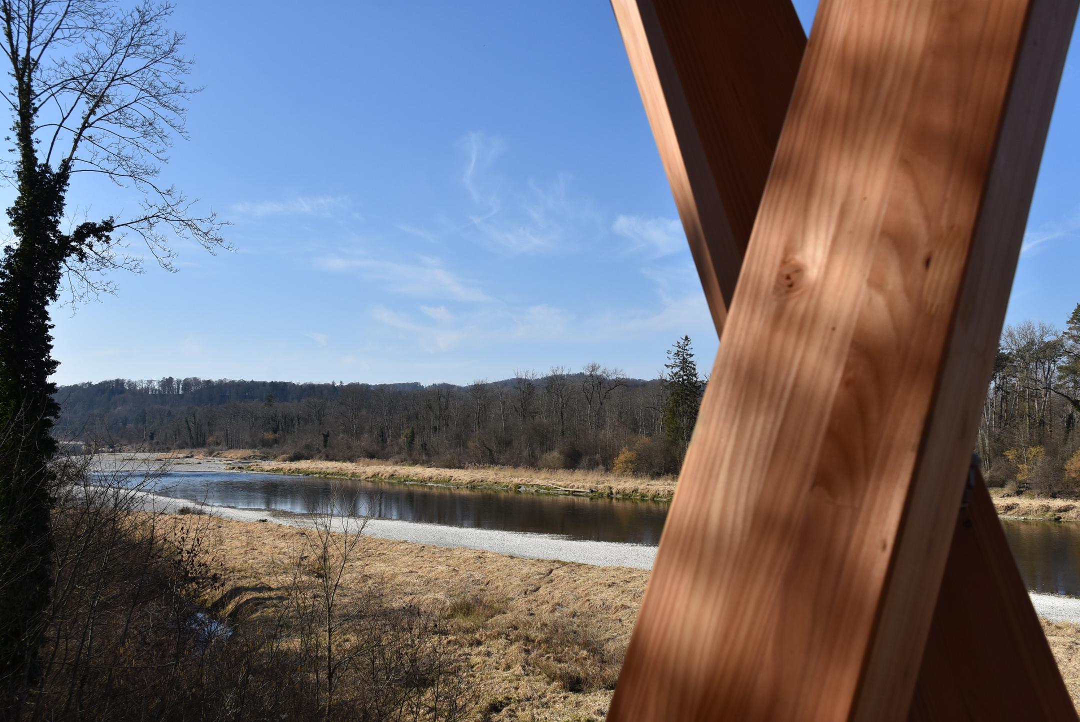 Das Bild zeigt die Thur mit einer Kiesbank, Blickrichtung Flussabwärts. Links und rechtsufrig wird die Thur durch einen grossen Auenwald gesäumt. Auf der rechten Bildhälfte sind die äusseren Holzverstrebungen des Turms sichtbar.
