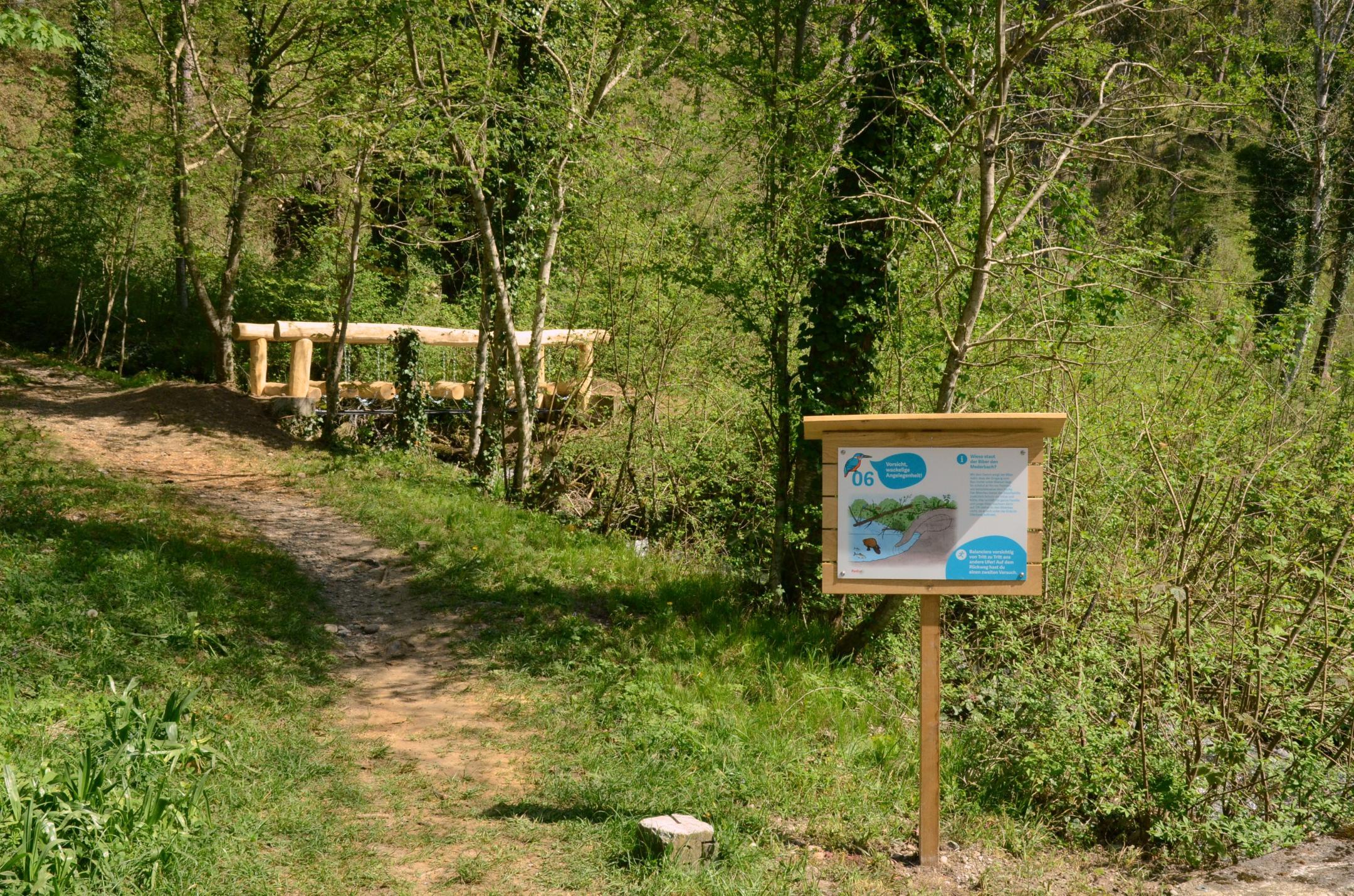 Neue Postentafel und im Hintergrund eine hölzerne Wackelbrücke als sechste Station des Abenteuerweges Thurauen. 