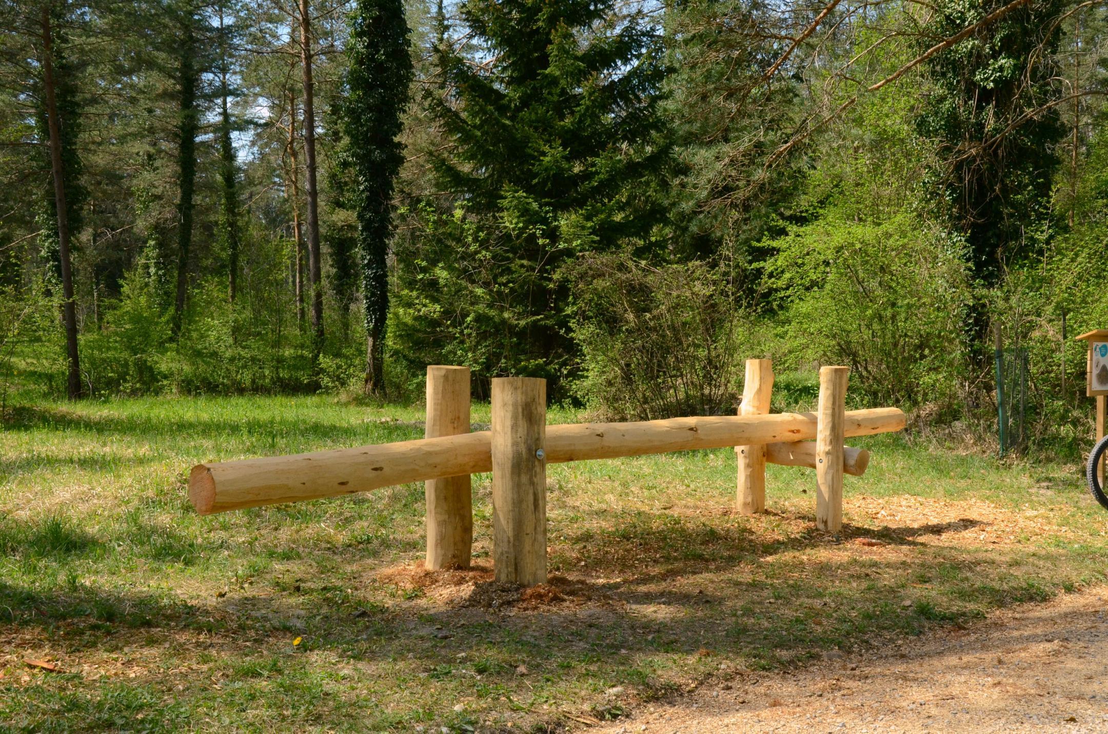 Ein Holbalken als Ameisenstamm und Bestandteil des siebten Postens des Abenteuerwegs Thurauen.
