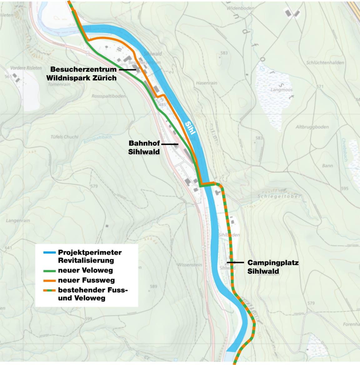 Situationsplan der geplanten Revitalisierung der Sihl bei Sihlwald. Blau eingezeichnet der Projektperimeter entlang der Sihl, grün der neue Veloweg, orange der neue Fussweg und grün-orange gestrichelt der bestehende Fuss- und Veloweg. Ausserdem sind das Besucherzentrum des Wildnisparks Zürich, der Bahnhof Sihlwald sowie der Campingplatz Sihlwald auf der Karte eingetragen.