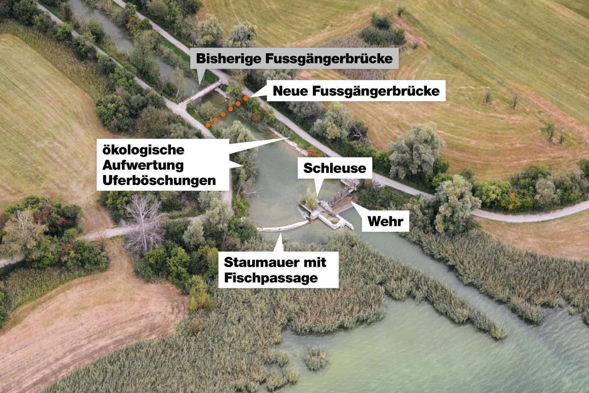Situationsplan auf dem Wehr, Schleuse sowie die bisherige und die neue Fussgängerbrücke eingezeichnet sind,.