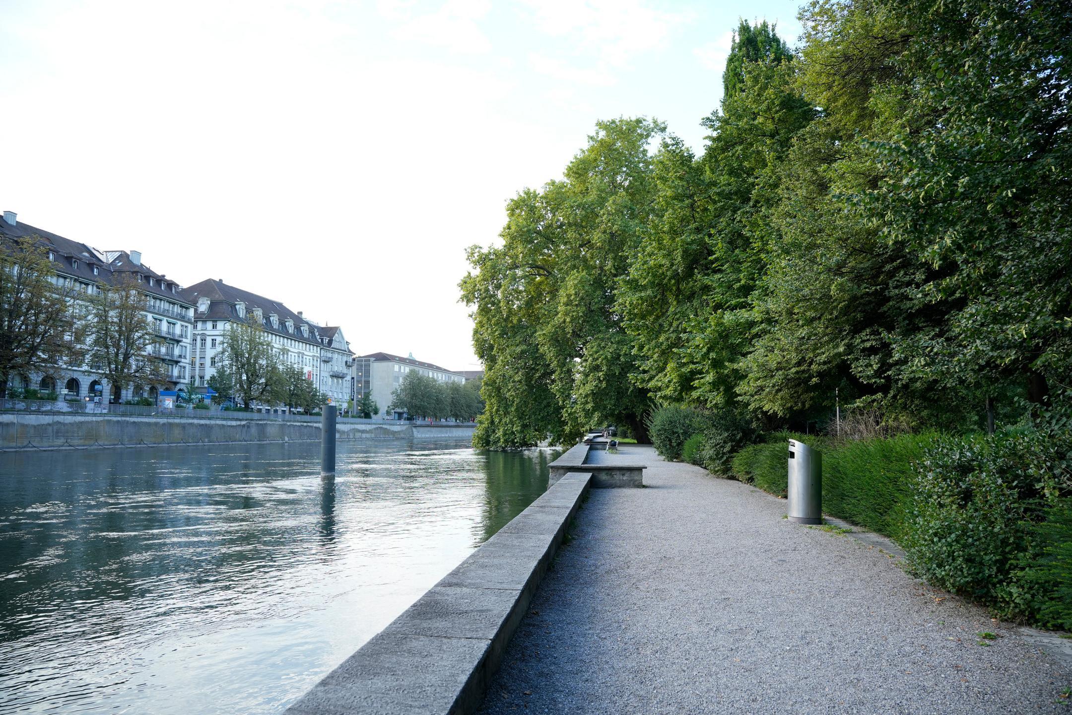 Platzspitz mit Uferweg und Bäumen sowie Limmat rechts im Bild