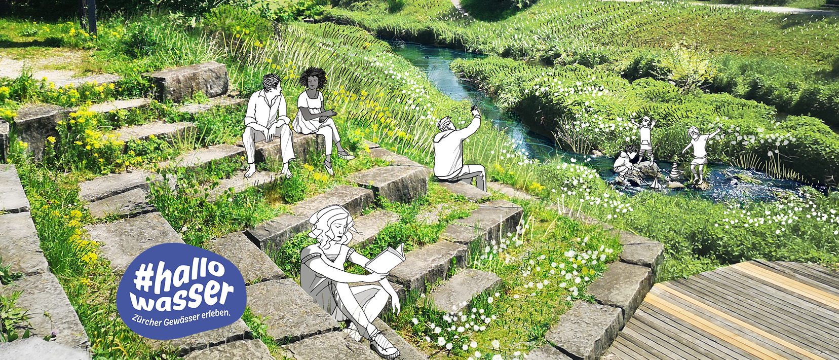 Flusslandschaft am Bach mit Steinstufen, auf denen Menschen plaudernd und lesend visualisiert worden sind. Im Bach spielen Kinder.