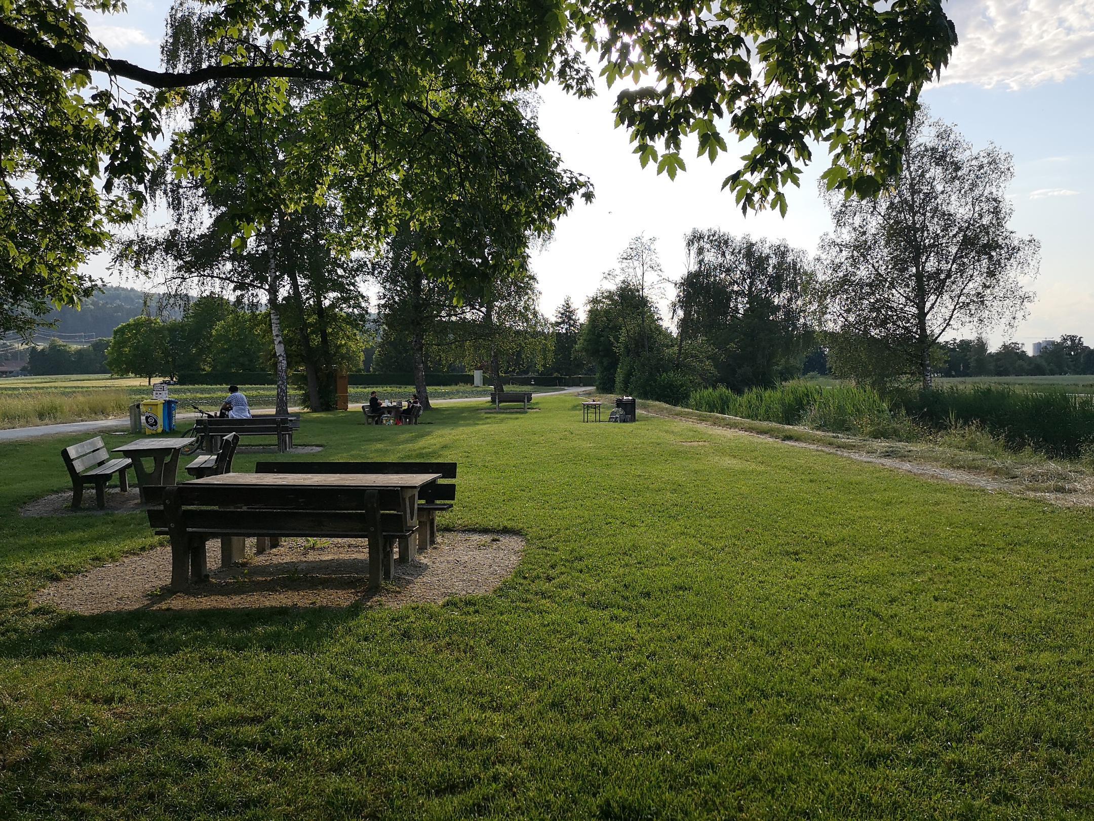 An den Picknicktischen einer fest installierten Grillstelle an der Glatt in Fällanden lässt sich unter Bäumen eine Mahlzeit geniessen.