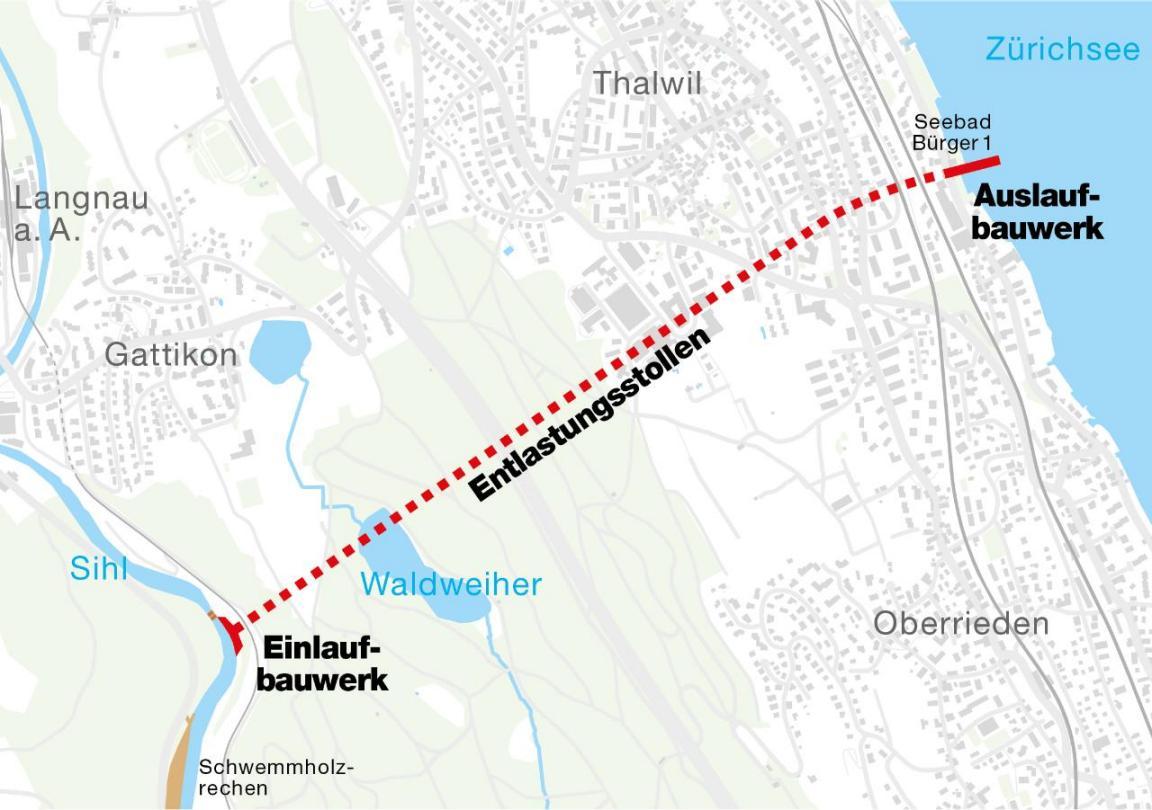 Kartenansicht der Linienführung des Entlastungsstollens von Langnau am Albis nach Thalwil.
