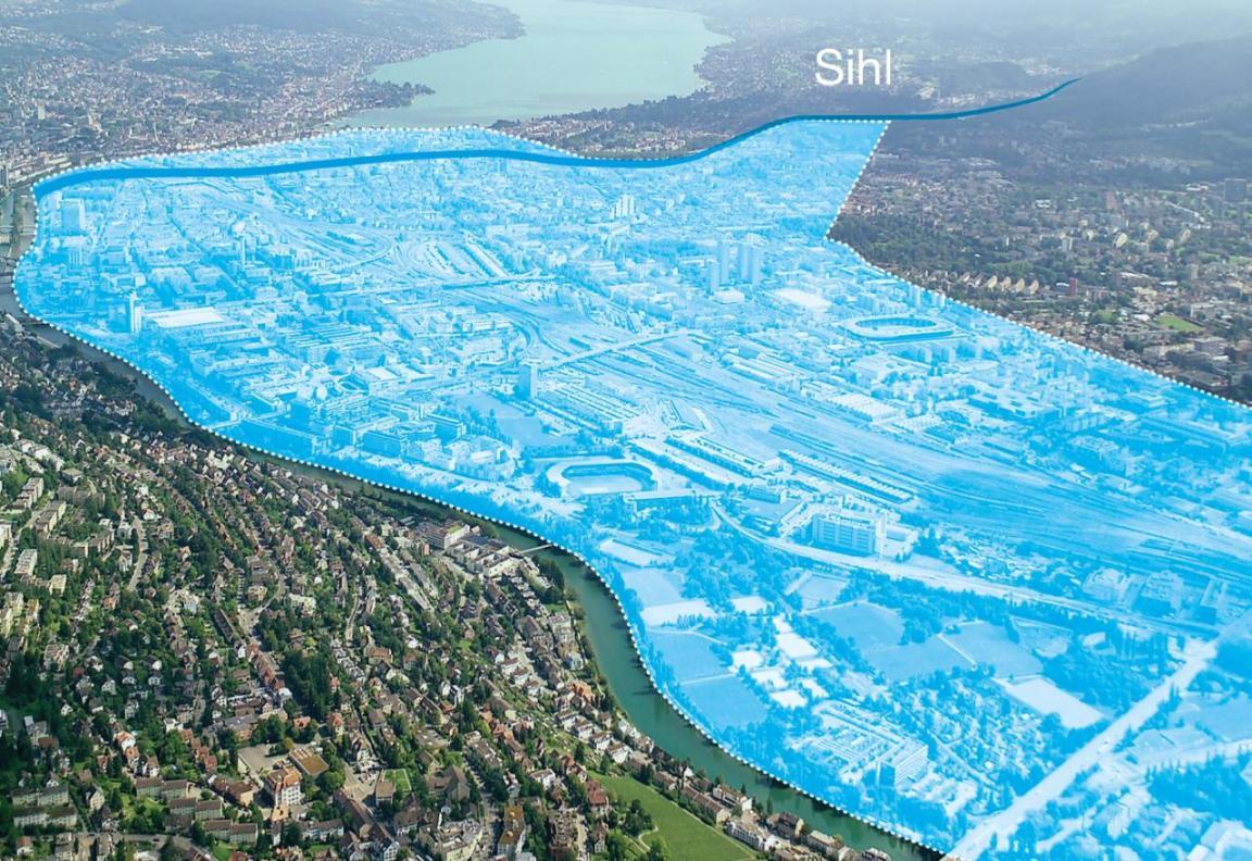 Blau gekennzeichnete Überschwemmungsfläche der Sihl in der Stadt Zürich.