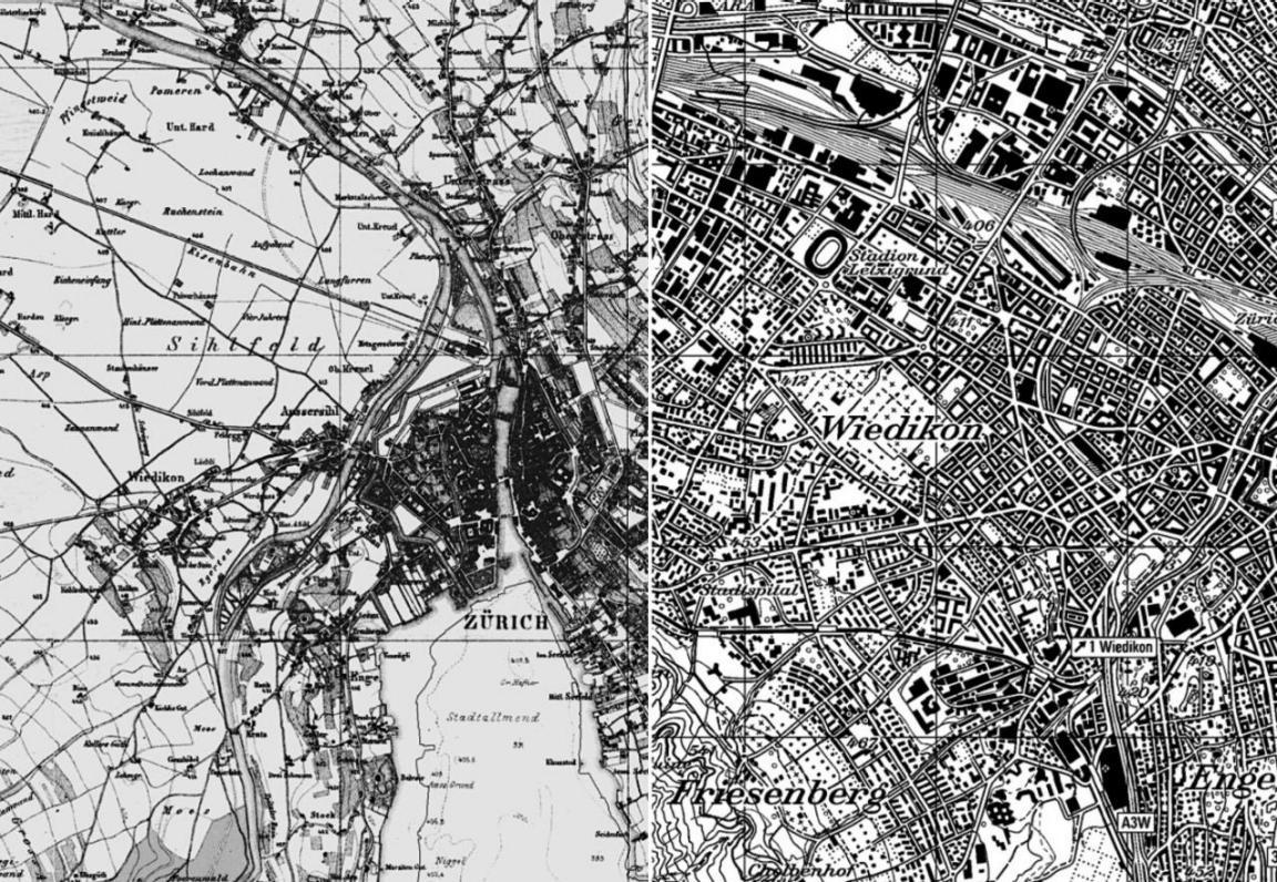 Kartenvergleich der Siedlungsflächen in Zürich in den Jahren 1850 und 2001.