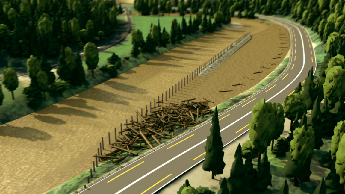 Mit Schwemmholz gefüllter Rechen an der Sihl.