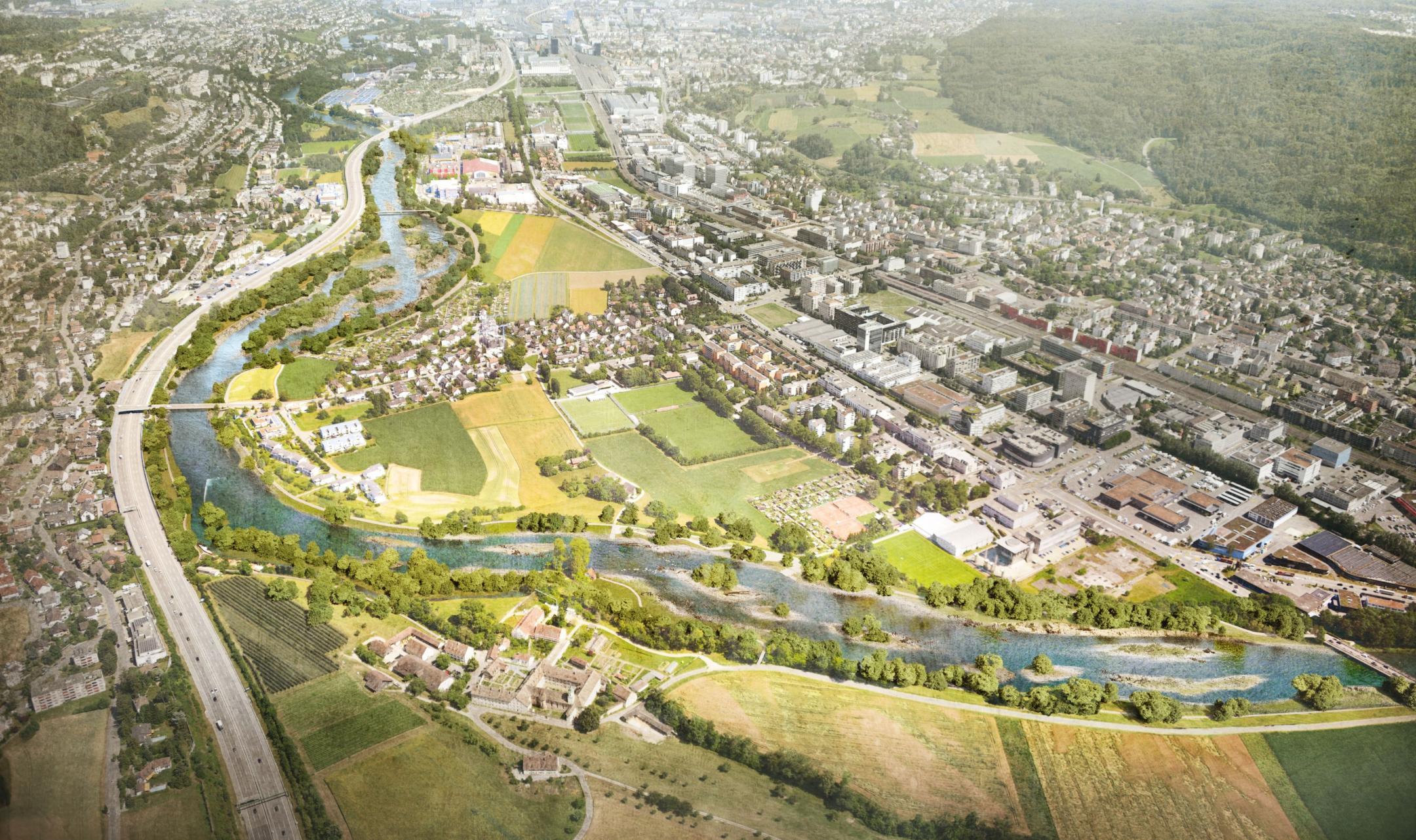 Visualisierung einer Flugaufnahme der Limmat bei Schlieren. Die Visualisierung veranschaulicht den Zustand des Flusses nach der Revitalisierung. Die Limmat verläuft mitten durch das stark bebaute Stadtgebiet, ist aber weniger stark kanalisiert und wird von dichter Vegetation gesäumt.