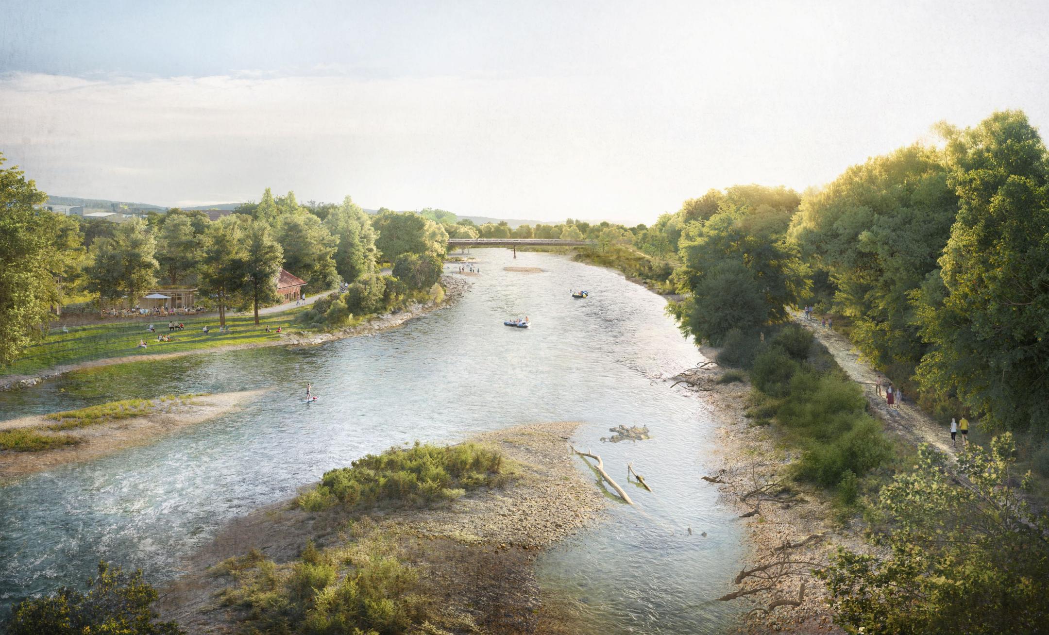 Die naturnahe Limmat, wie sie künftig im Bereich Künstlerareal aussehen soll. Auf der rechten Seite säumen Bäume den Uferweg. Links sitzen Menschen auf Rasenstufen an der Limmat. Neben einem Backsteingebäude steht eine einfache Buvette mit Leuten die essen und trinken. Flussabwärts befindet sich eine Brücke. Kurz davor verweilen Menschen auf zwei Kiesinseln. Auf dem linken Uferweg hat es Velofahrer und Spaziergänger.