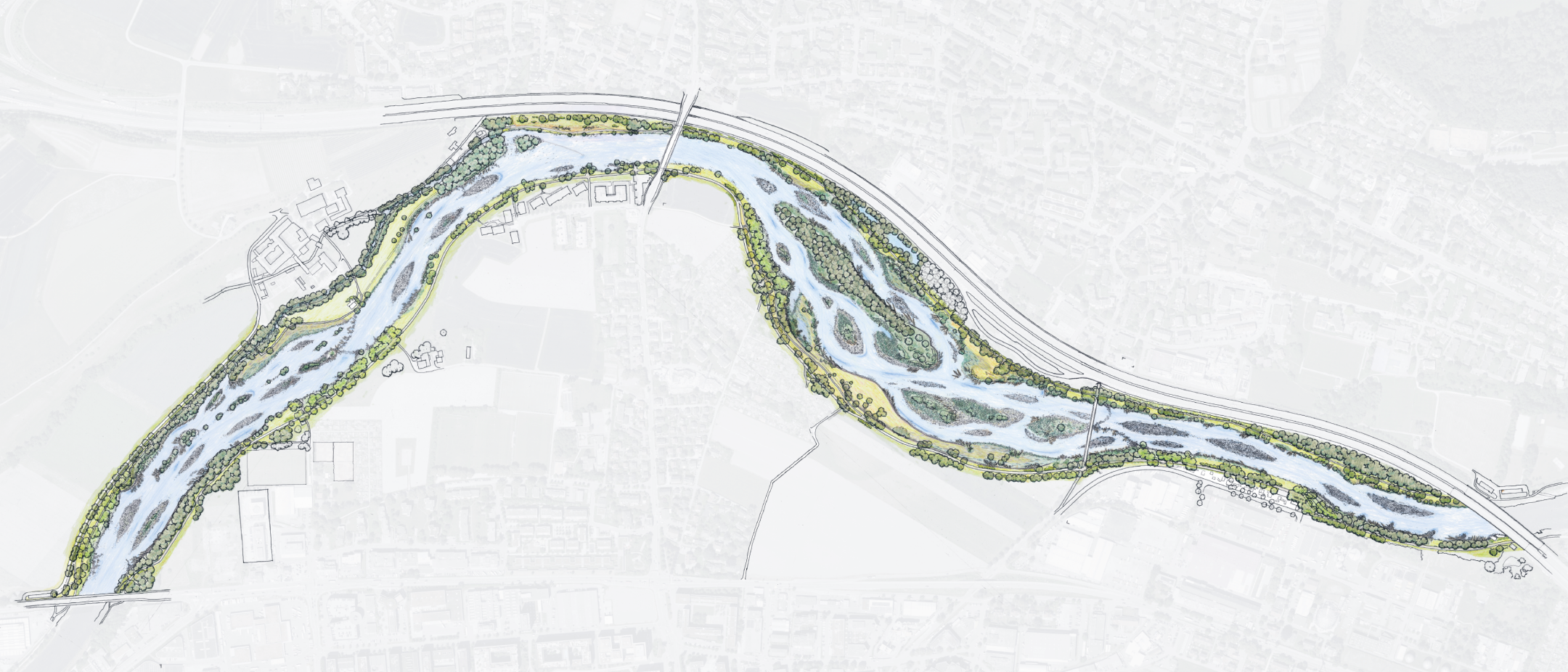 Karte Zeigt den Projektperimeter des Projekts «Lebendige Limmat» zwischen Schlieren, Ober- und Unterengstringen von der Zürcher Stadtgrenze bis zur Brücke Überlandstrasse vor Dietikon.
