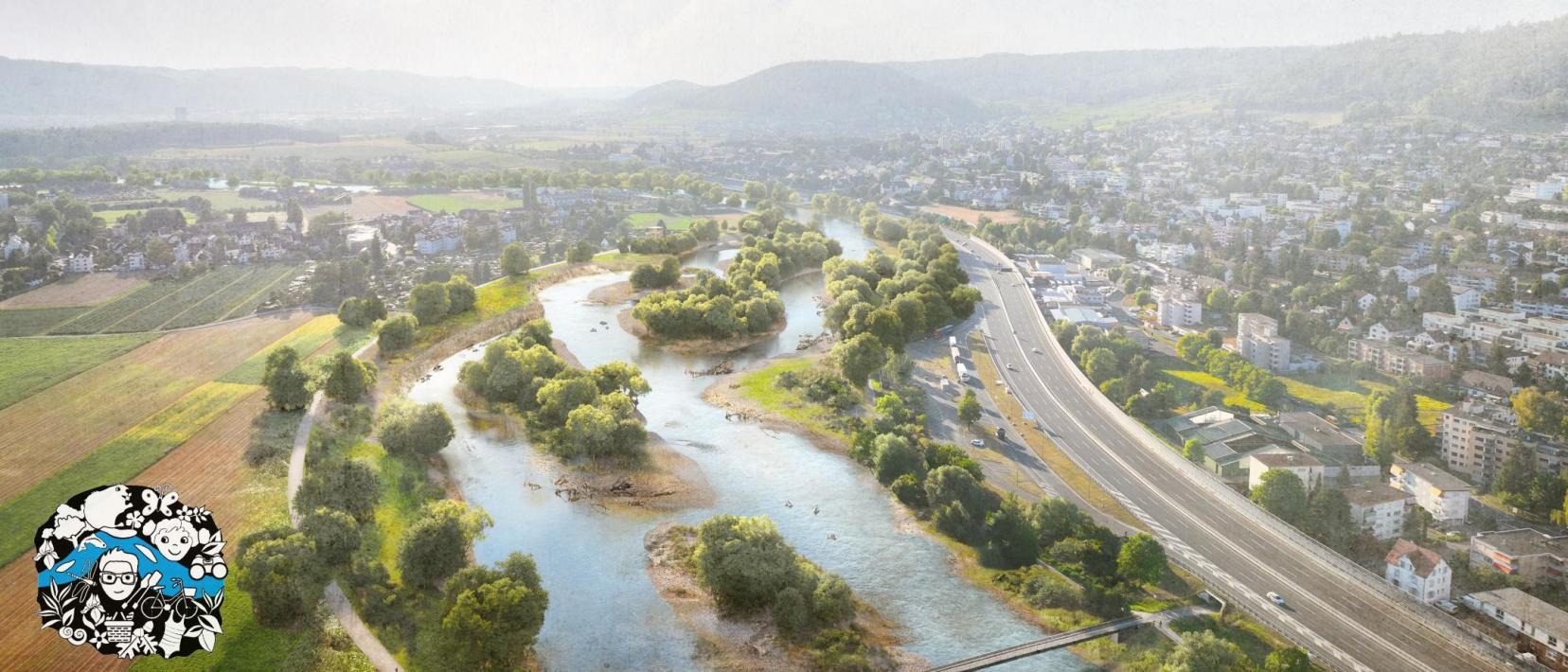 Der künftige Verlauf der Limmat im Bereich Betschenrohr nach dem Gasisteg, der Schlieren mit Oberengstringen verbindet. Dargestellt ist eine grosszügige, naturnahe Flusslandschaft mit verschiedenen Flussläufen und Inseln. Links und rechts der Limmat sieht man je einen Uferweg. Rechts von der Limmat verläuft die Autobahn.