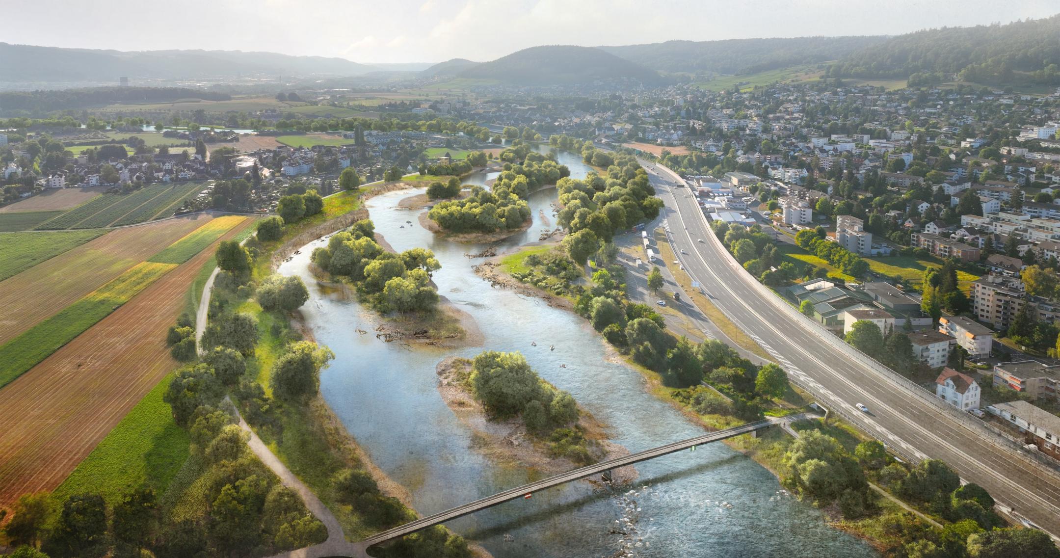 Künftige Ansicht der Limmat im Bereich Betschenrohr nach dem Gasisteg, der Schlieren mit Oberengstringen verbindet. Dargestellt ist eine grosszügige, naturnahe Flusslandschaft mit verschiedenen Flussläufen und Inseln. Links und rechts der Limmat sieht man je einen Uferweg. Rechts von der Limmat verläuft die Autobahn.