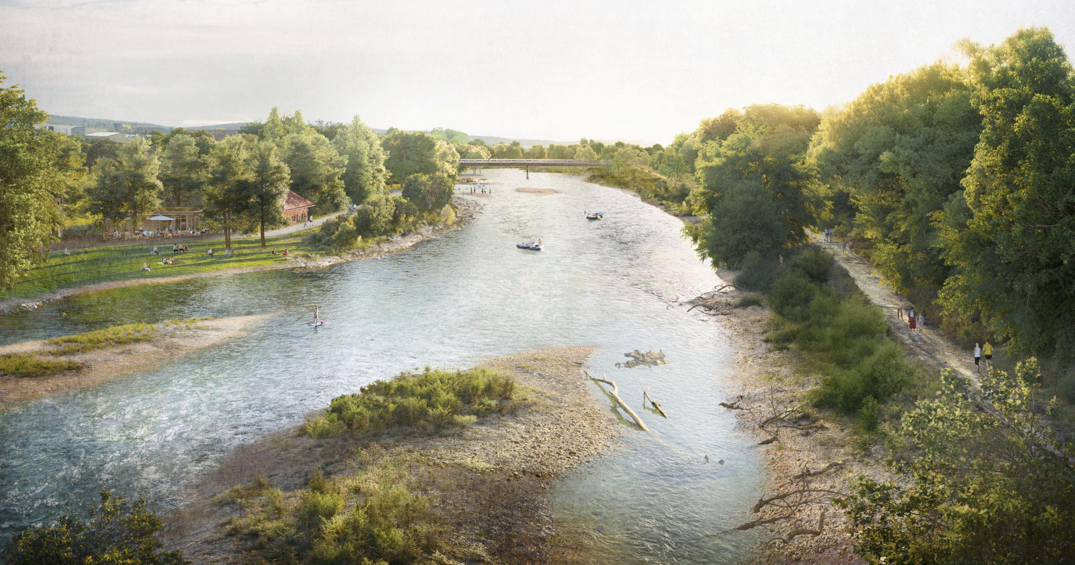 Die naturnahe Limmat, wie sie künftig im Bereich Künstlerareal aussehen soll. Auf der rechten Seite säumen Bäume den Uferweg. Links sitzen Menschen auf Rasenstufen an der Limmat. Neben einem Backsteingebäude steht eine einfache Buvette mit Leuten die essen und trinken. Flussabwärts befindet sich eine Brücke. Kurz davor verweilen Menschen auf zwei Kiesinseln. Auf dem linken Uferweg hat es Velofahrer und Spaziergänger.