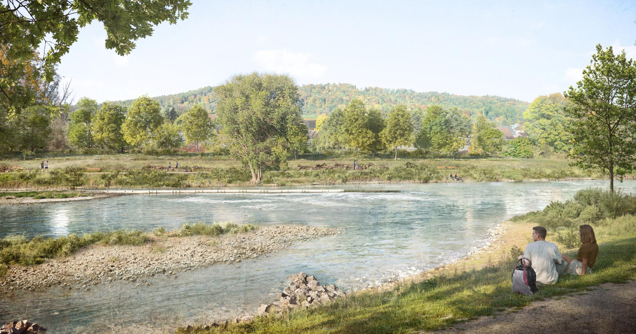 Visualisierung der revitalisierten Limmat. Am relativ flachen Ufer sitzen zwei Personen im Gras und blicken auf die Limmat.  Im Fluss hat sich eine Kiesinsel gebildet, auf welcher etwas Gras wächst. Am gegenüberliegenden Ufer ist die Lärmschutzwand vor der Autobahn hinter den neuen Bäumen und Büschen kaum mehr sichtbar.