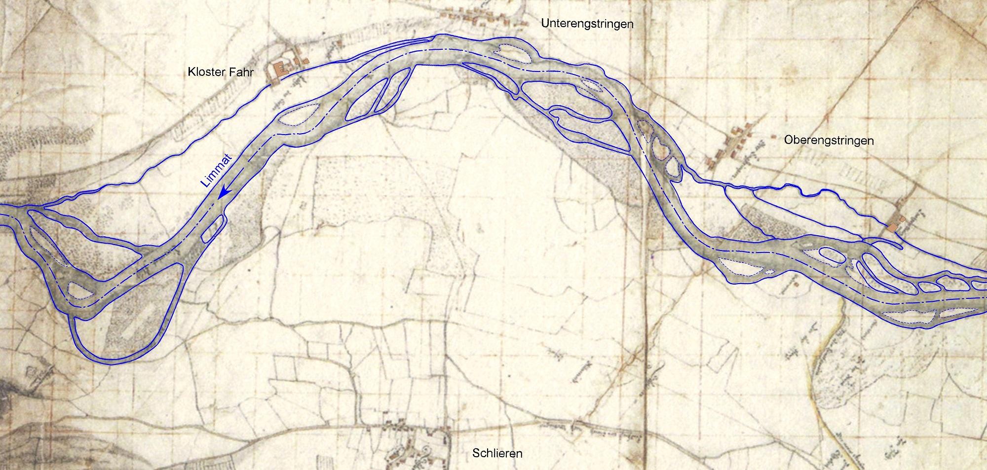 Die historische Karte zeigt den weit verzweigten, mäandrierenden Flusslauf der Limmat um das Jahr 1670; das Limmattal war damals nur sehr dünn besiedelt.
