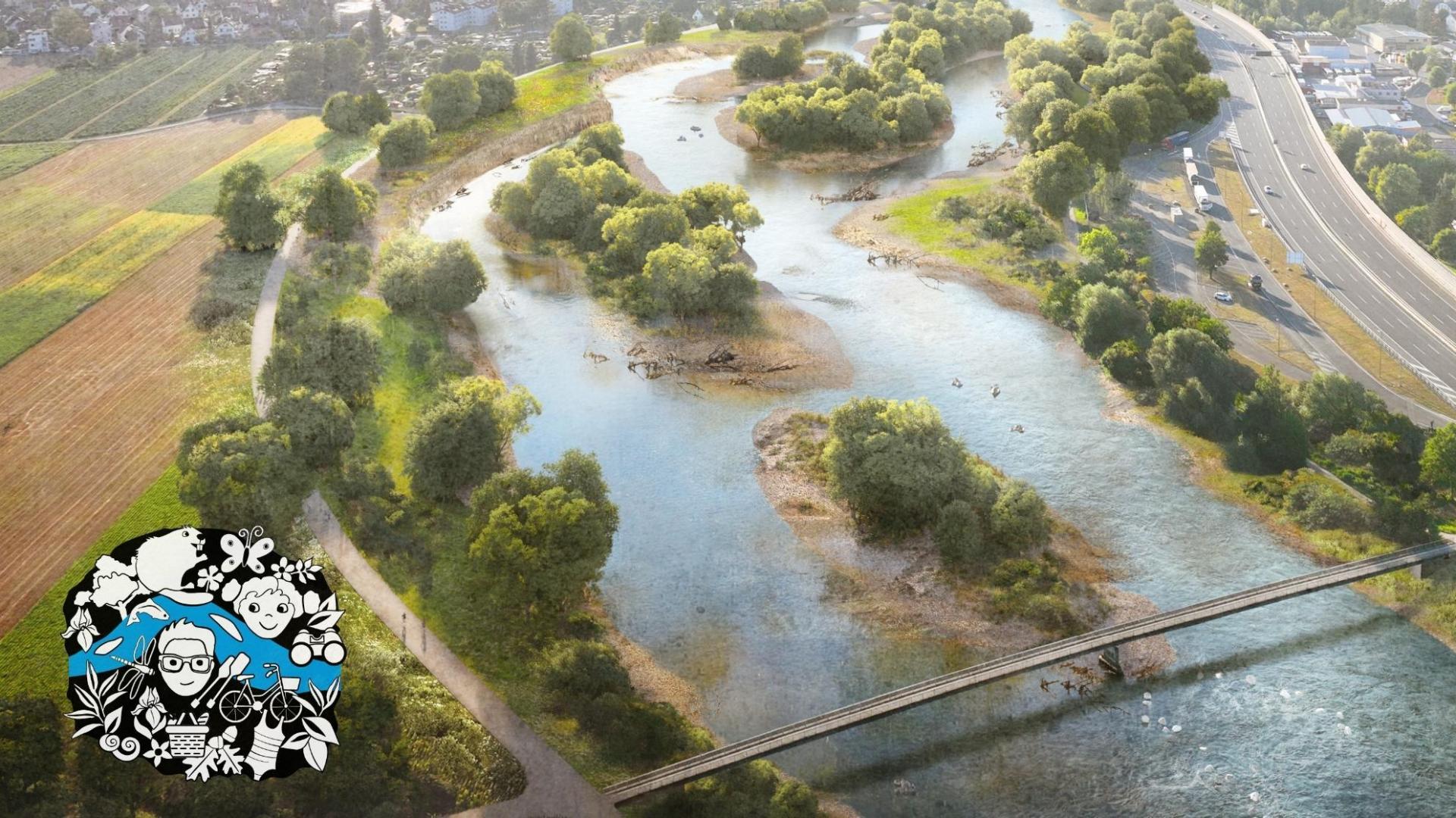 Die künftige Ansicht der Limmat im Bereich Betschenrohr ist dargestellt als grosszügige, naturnahe Flusslandschaft mit verschiedenen Flussläufen und Inseln