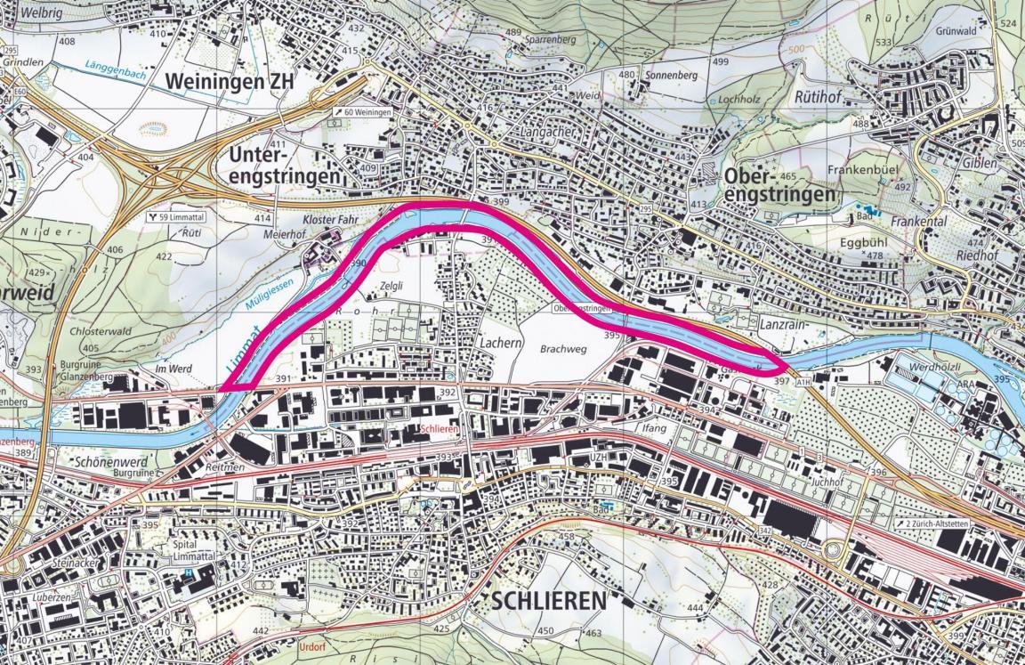 Ein Kartenausschnitt des dicht besiedelten Zürcherischen Limmattals. Die Limmat verläuft mitten hindurch. Bei Schlieren verläuft sie in einem grossen Bogen. An der Grenze zu Zürich, wo die Autobahn A1 die Limmat überquert bis zur Brücke Überlandstrasse kurz vor Dietikon ist die Limmat markiert. Das kennzeichnet den Projektperimeter.