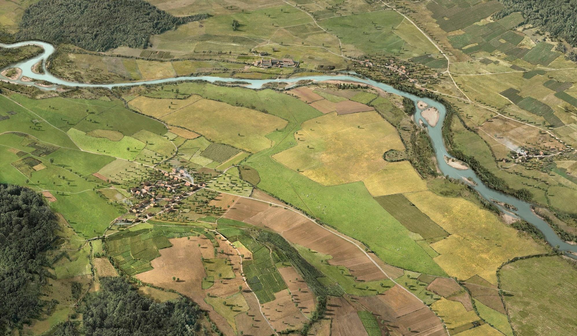 Rekonstruktion des naturnahen, mäandrierenden Flussverlaufs der Limmat in der Kulturlandschaft um 1795.