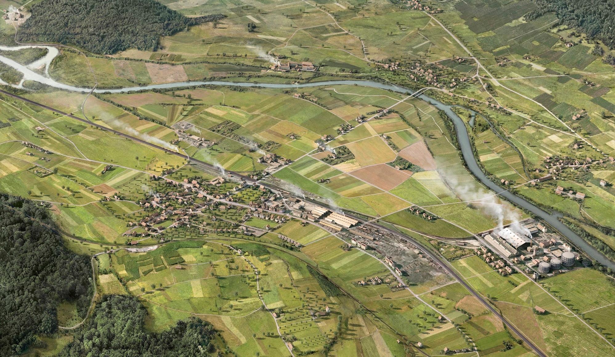 Eine Rekonstruktion der begradigten Limmat zu Beginn des 20. Jahrhunderts.