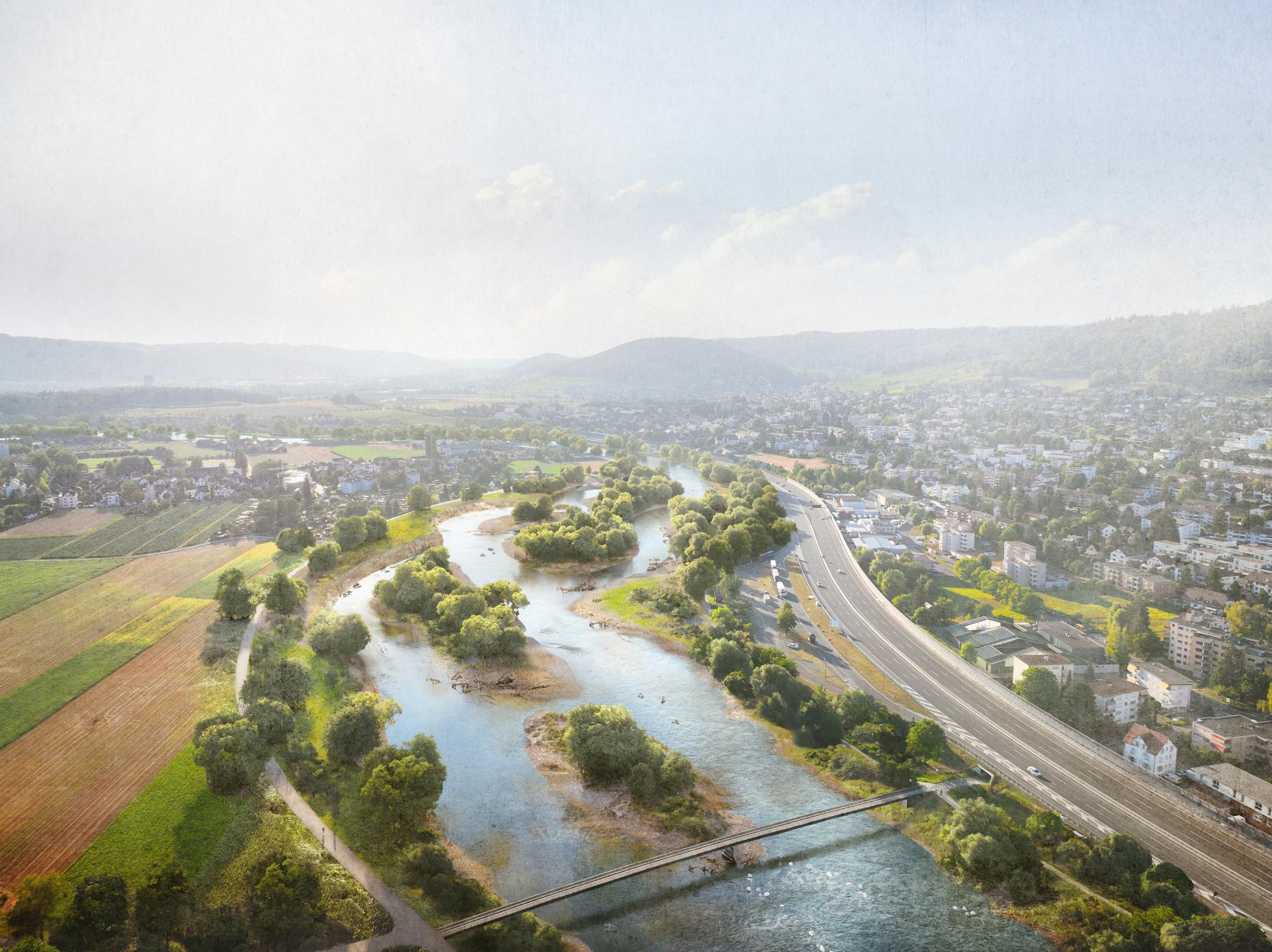 Visualisierung der Limmat, die sich an natürlichen Inseln vorbei neben der Autobahn durch die Landschaft schlängelt