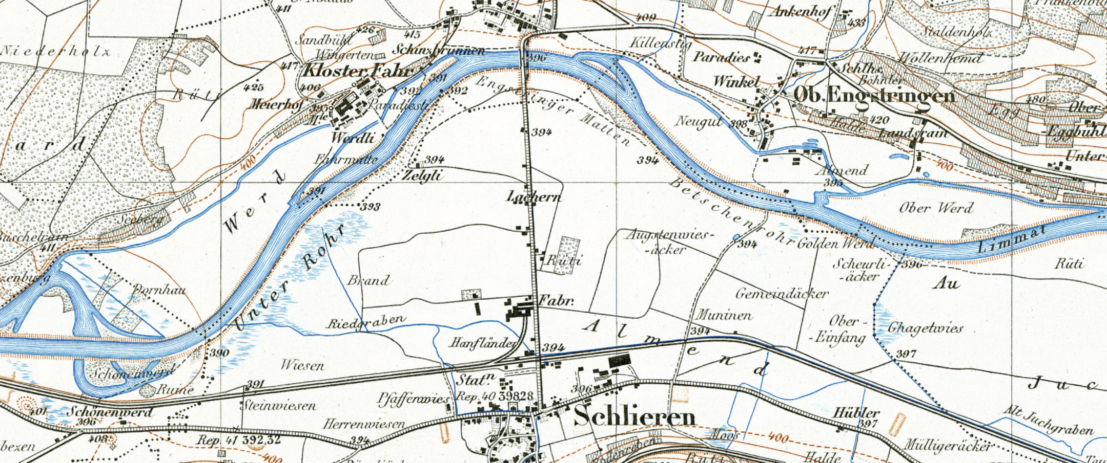 Karte der Limmat bei Schlieren aus dem Jahr 1910. Die Limmat ist mehrheitlich begradigt und kanalisiert.