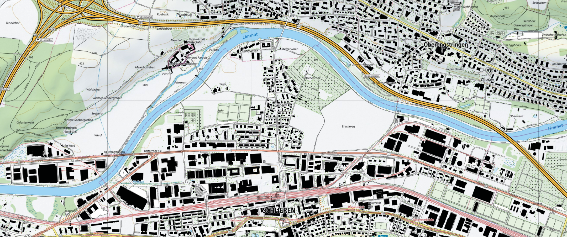 Karte der Limmat bei Schlieren aus dem Jahr 2024. Die Limmat ist vollständig begradigt und kanalisiert.