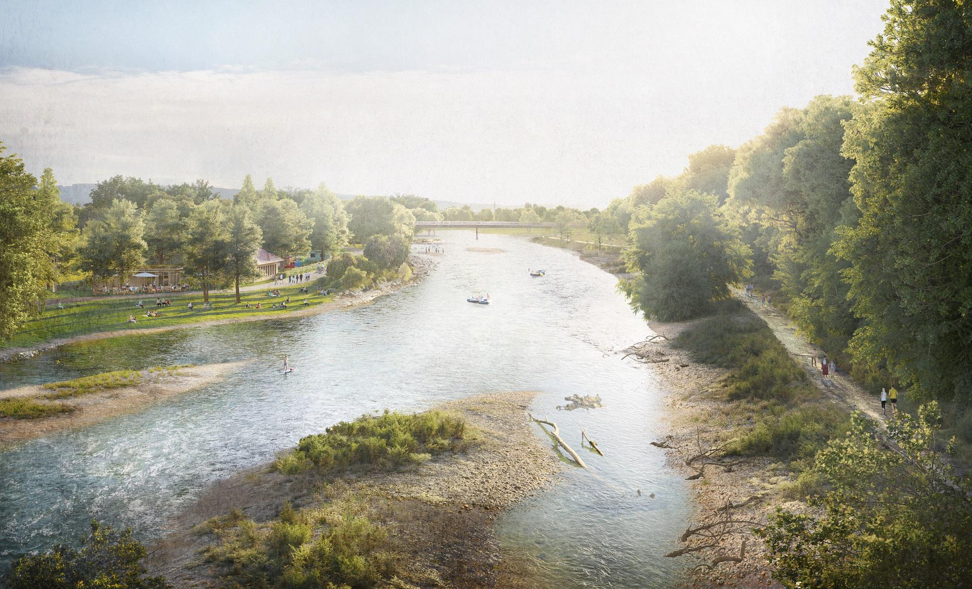 Die naturnahe Limmat, wie sie künftig im Bereich Künstlerareal aussehen soll. Auf der rechten Seite säumen Bäume den Uferweg. Links sitzen Menschen auf Rasenstufen an der Limmat. Neben einem Backsteingebäude steht eine einfache Buvette mit Leuten die essen und trinken. Flussabwärts ist eine Brücke zu sehen. Kurz davor verweilen Menschen auf zwei Kiesinseln. Auf dem linken Uferweg hat es Velofahrer und Spaziergänger.