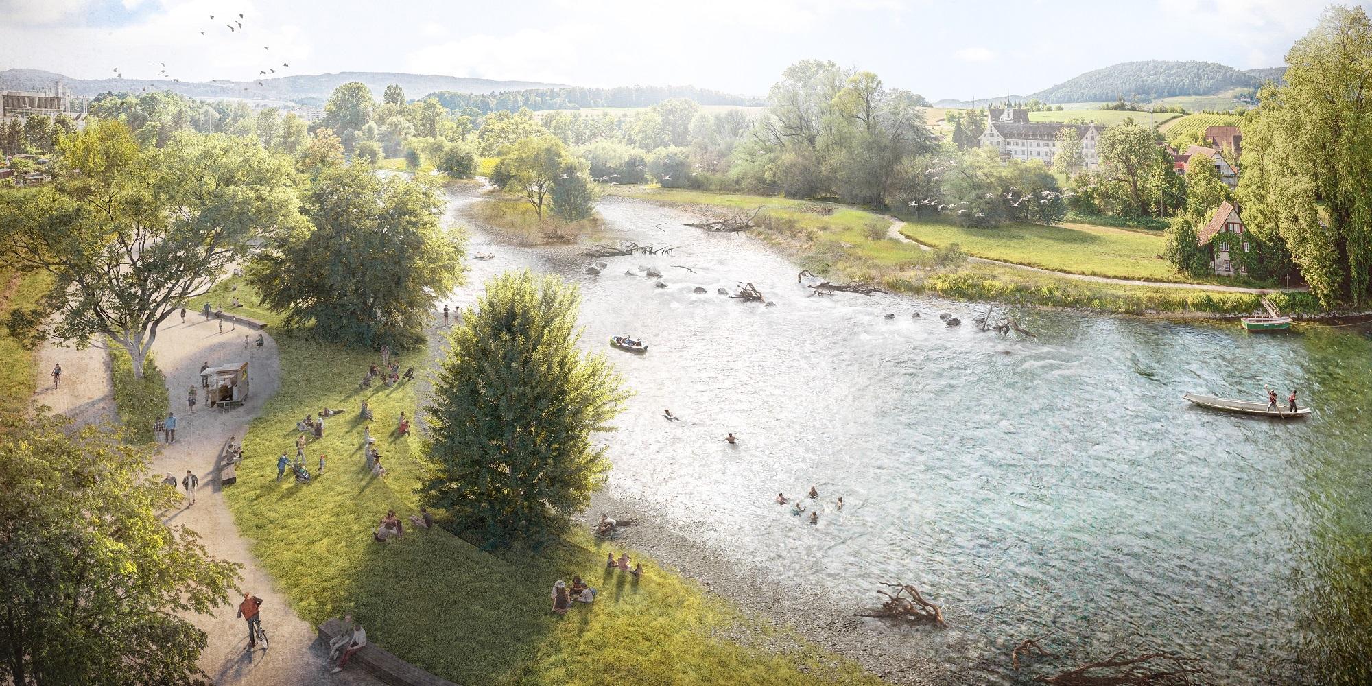 Eine breite Flusslandschaft mit naturbelassener, rechter Uferseite. Links sieht man Velo-Fahrer und Spaziergänger auf einem breiten Weg und Leute schwimmen im Fluss oder picknicken auf den Rasenstufen am Ufer. 