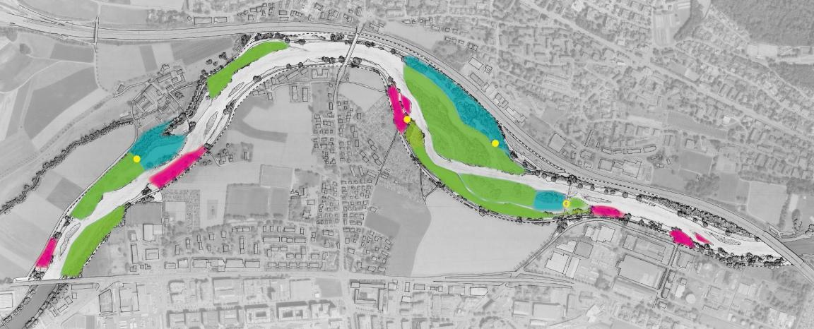 Der neuen Verlauf der Limmat im Projektperimeter. Fünf Zonen sind pink eingefärbt: am linken Ufer beim Künstlerareal nach der Autobahnbrücke A1 flussabwärts, beim Gaswerkareal, in den Bereichen Betschenrohr und Zelgli und am rechten Ufer bei der Brücke Überlandstrasse. Dort wird es Naherholungsinfrastruktur für die Menschen geben. Sechs grüne Zonen unter- und oberhalb des Klosters Fahr und im Bereich Betschenrohr markieren Zonen, die der Natur vorbehalten bleiben. Vier violette Zonen im Bereich Betschenrohr und unterhalb des Klosters Fahr zeigen sogenannte Mischzonen für Mensch und Natur. In diesen Zonen befindet sich jeweils ein Naturfenster. Es sind gute Standorte, um die Natur zu beobachten.