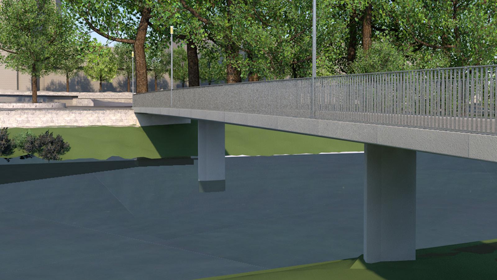 Visualisierung der neuen Platzspitzbrücke von der Seite, aus der Perspektive des Sihlquais, sowie der beiden Pfeiler und des Chromstahlgeländers.