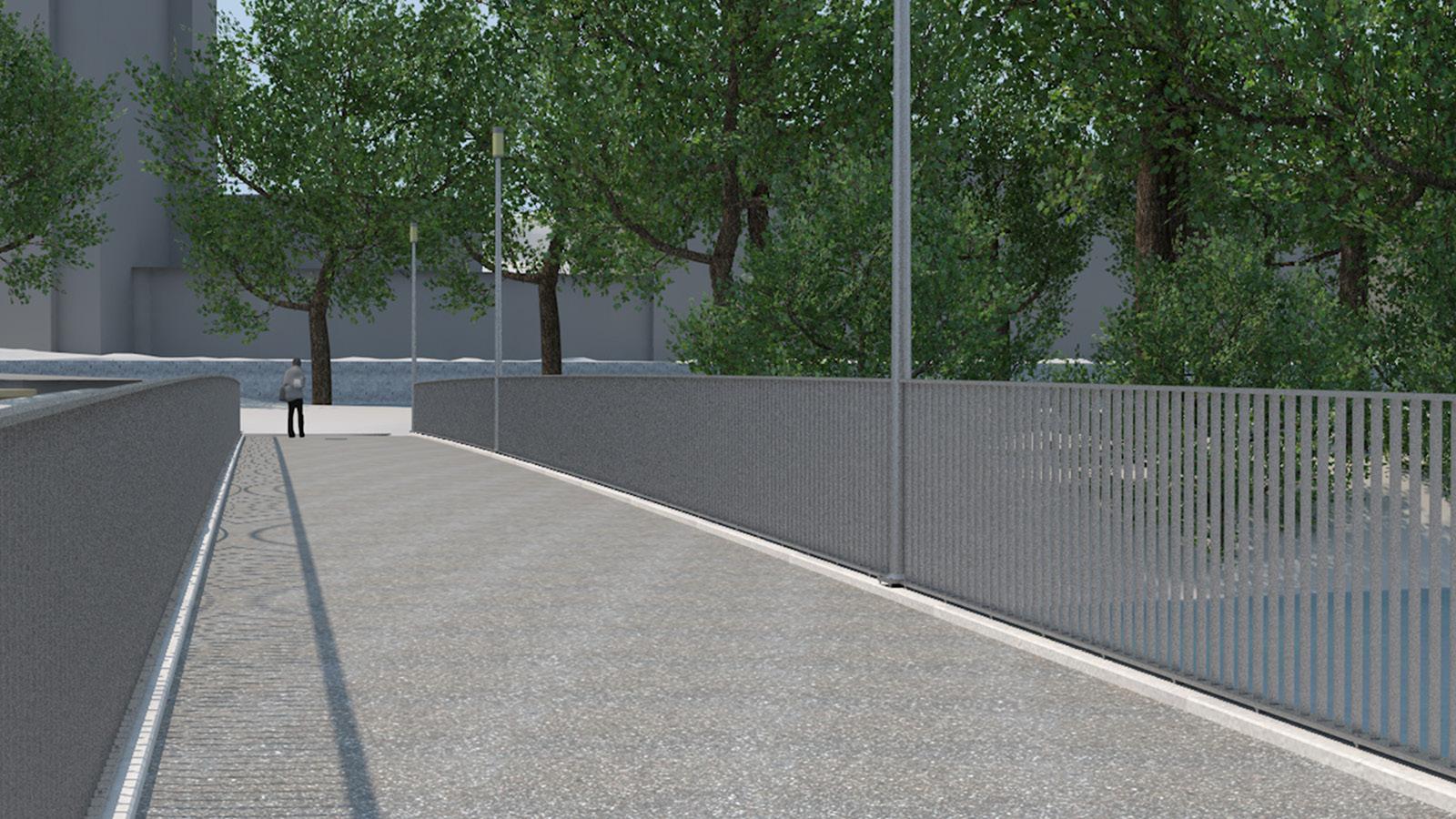 Visualisierung des Asphalts und des Chromstahlgeländers der neuen Platzspitzbrücke aus der Perspektive einer Person, welche die Brücke vom Sihlquai aus überquert.