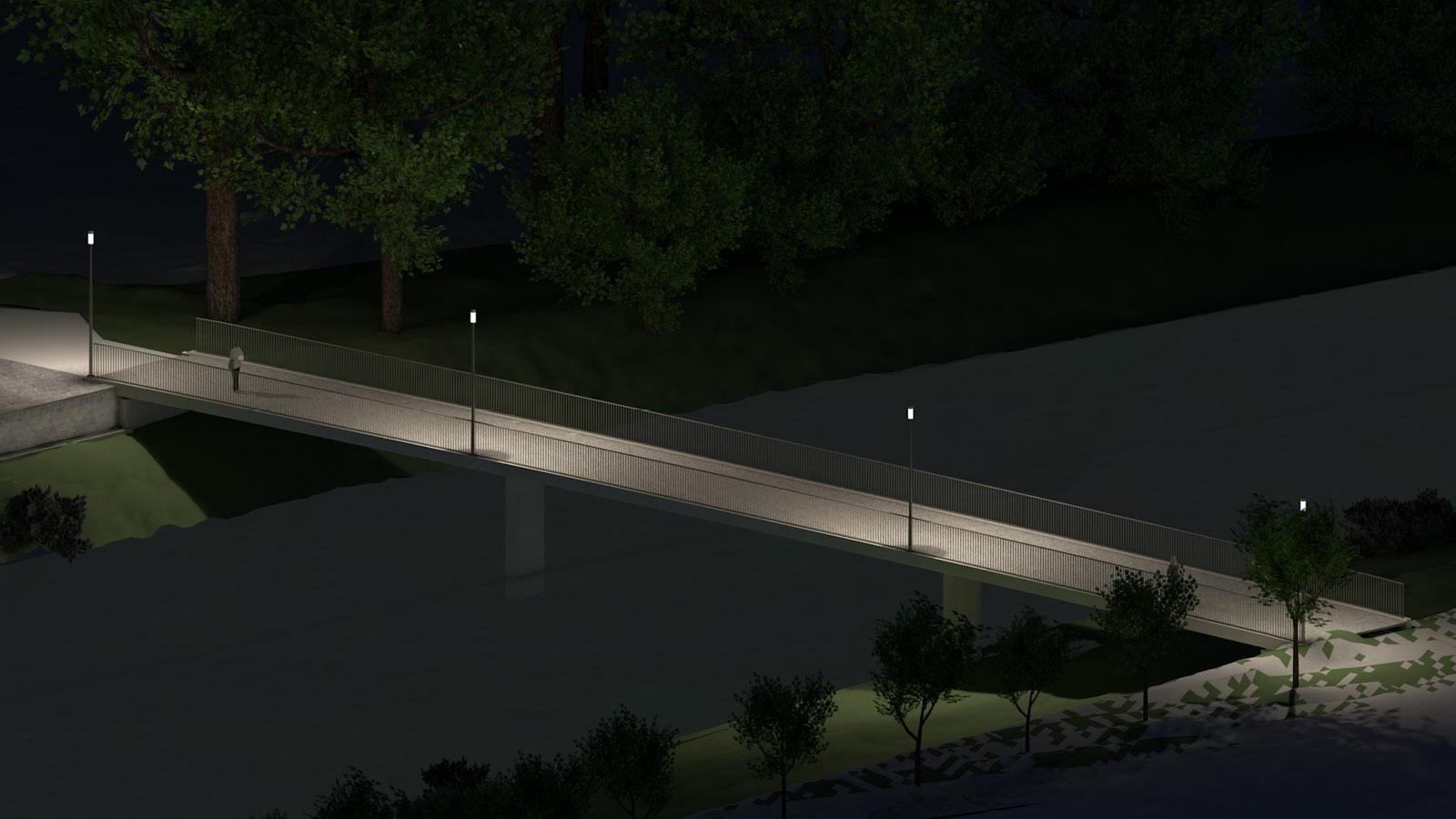Visualisierung der neuen Platzspitzbrücke bei Nacht, die durch die vier LED-Kandelaber beleuchtet wird.