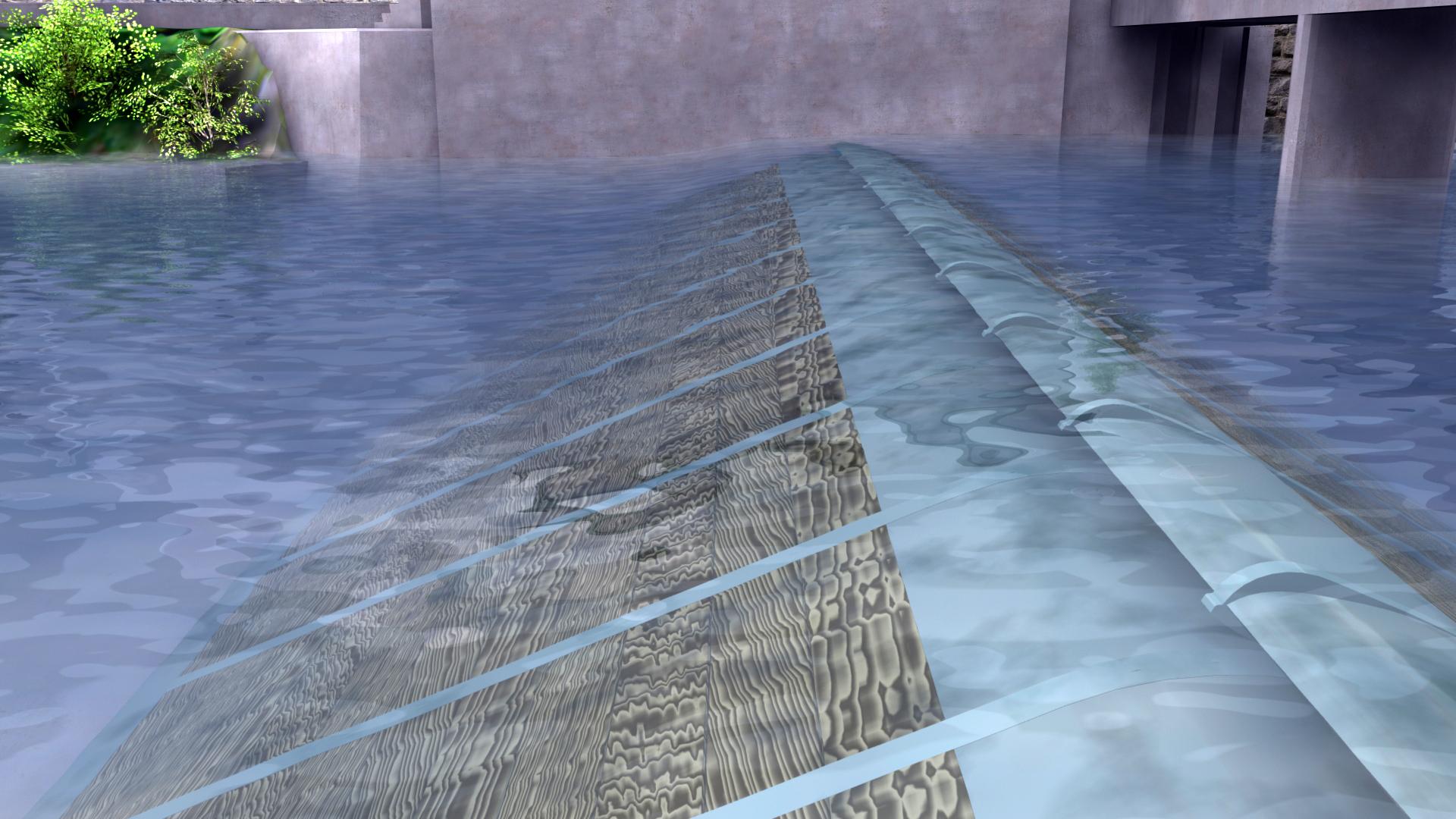 Visualisierung des bisherigen Dachwehrs im Querschnitt mit zwei lose aufeinanderliegenden Wehrklappen.