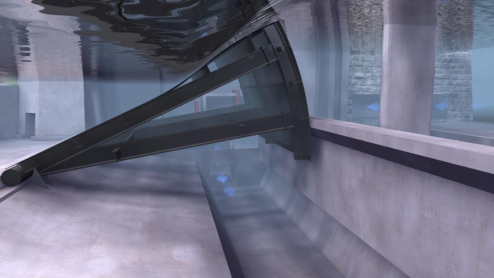 Visualisierung des neuen Sektorwehrs im Querschnitt: Ein unter Wasser liegender Wehrkörper. 