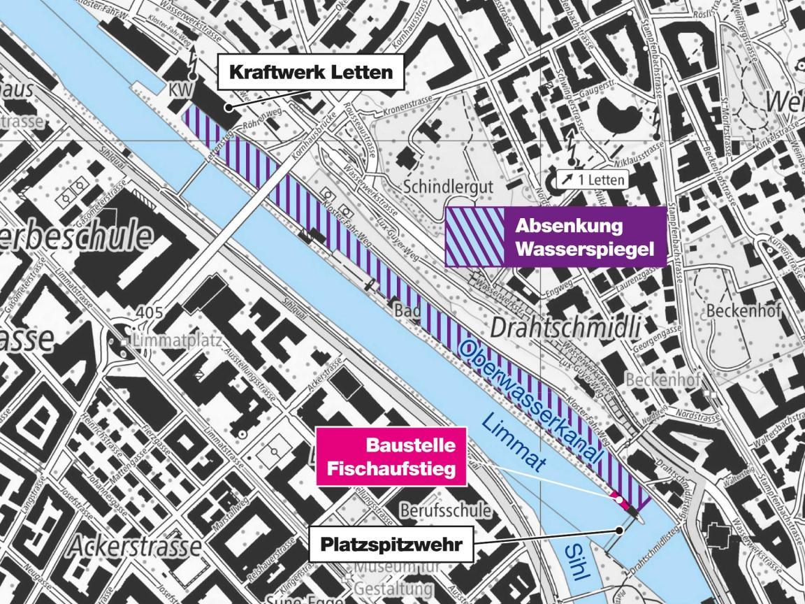 Karte mit Ansicht des Lettenkanals, der sich vom Jugendkulturhaus Dynamo bis zum Kraftwerk Letten erstreckt. Er verläuft parallel zur Limmat. Im Kanal befindet sich auch das Flussbad Oberer Letten. 