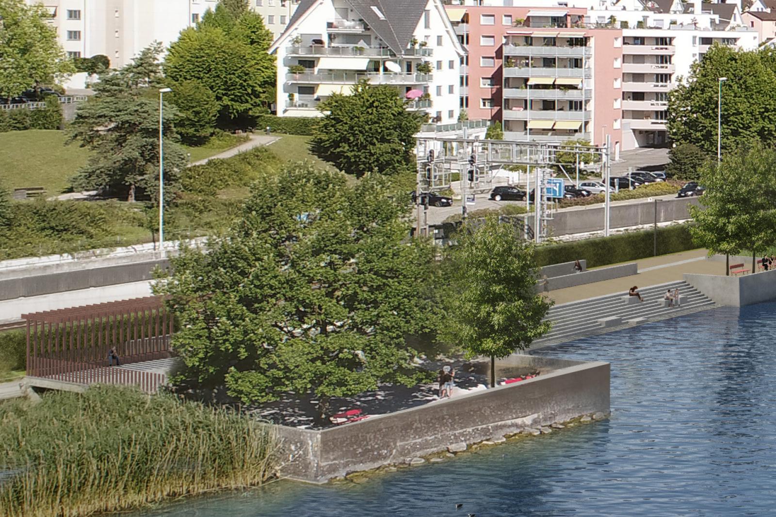 Visualisierung des Uferabschnitts in der Garnhänki, vom See aus gesehen. 1. Abschnitt mit bestehender Kanzel beim Bootsunterstand auf der Seite Wollerau