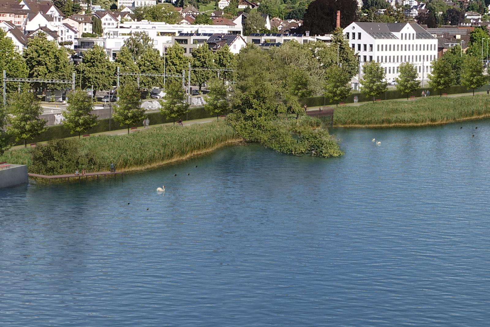 Visualisierung des Uferabschnitts in der Garnhänki, vom See aus gesehen. 2. Abschnitt mit Schilfgürtel und neuen Bäumen