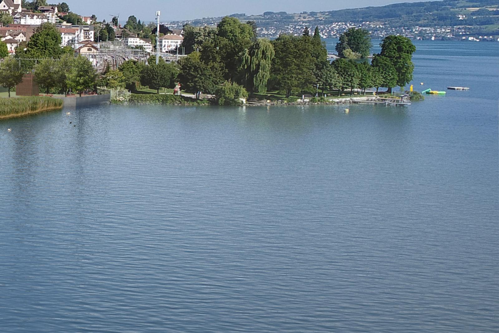 Visualisierung des Uferabschnitts in der Garnhänki, vom See aus gesehen mit bestehender Aussichtskanzel auf Seite Badi