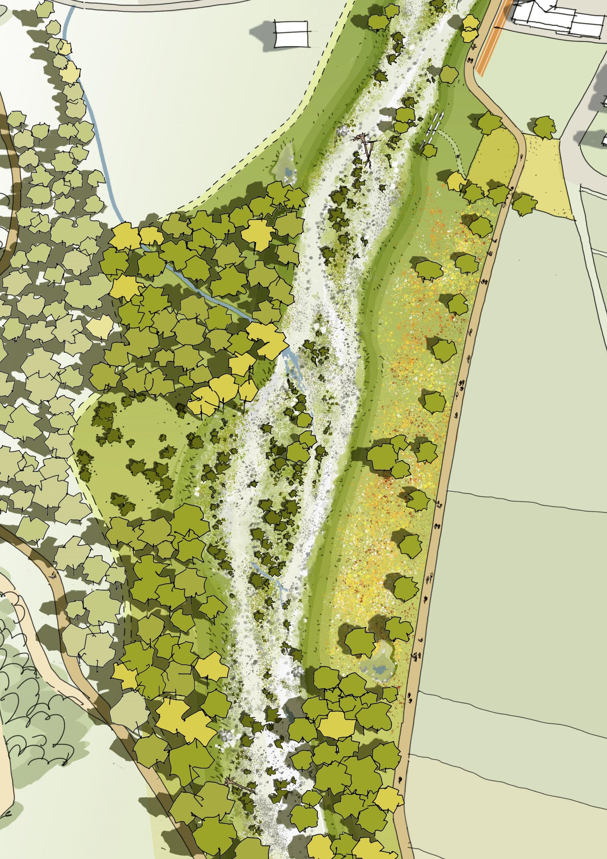 Die Illustration zeigt die ausgetrocknete Töss in deren Flussbett sich hellgrauer Kies anstatt Wasser befindet.