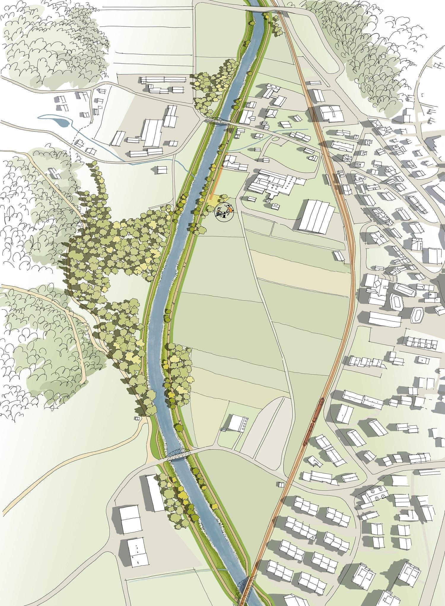 Der Ist-Zustand der Töss zeigt einen in einem begradigten Kanal eingezwängten Flusslauf. 