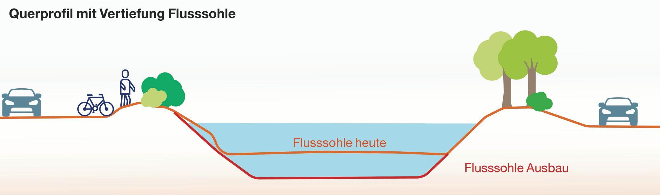 In der Grafik ist das Fassungsvermögen des Flusses anhand eines Querschnittes dargestellt. Darin sind die heutige Flusssohle und die zukünftig tieferliegende Flusssohle eingezeichnet. Rechts und links sind Bäume sowie Autos, ein Velo und eine zufussgehende Person sichtbar. 