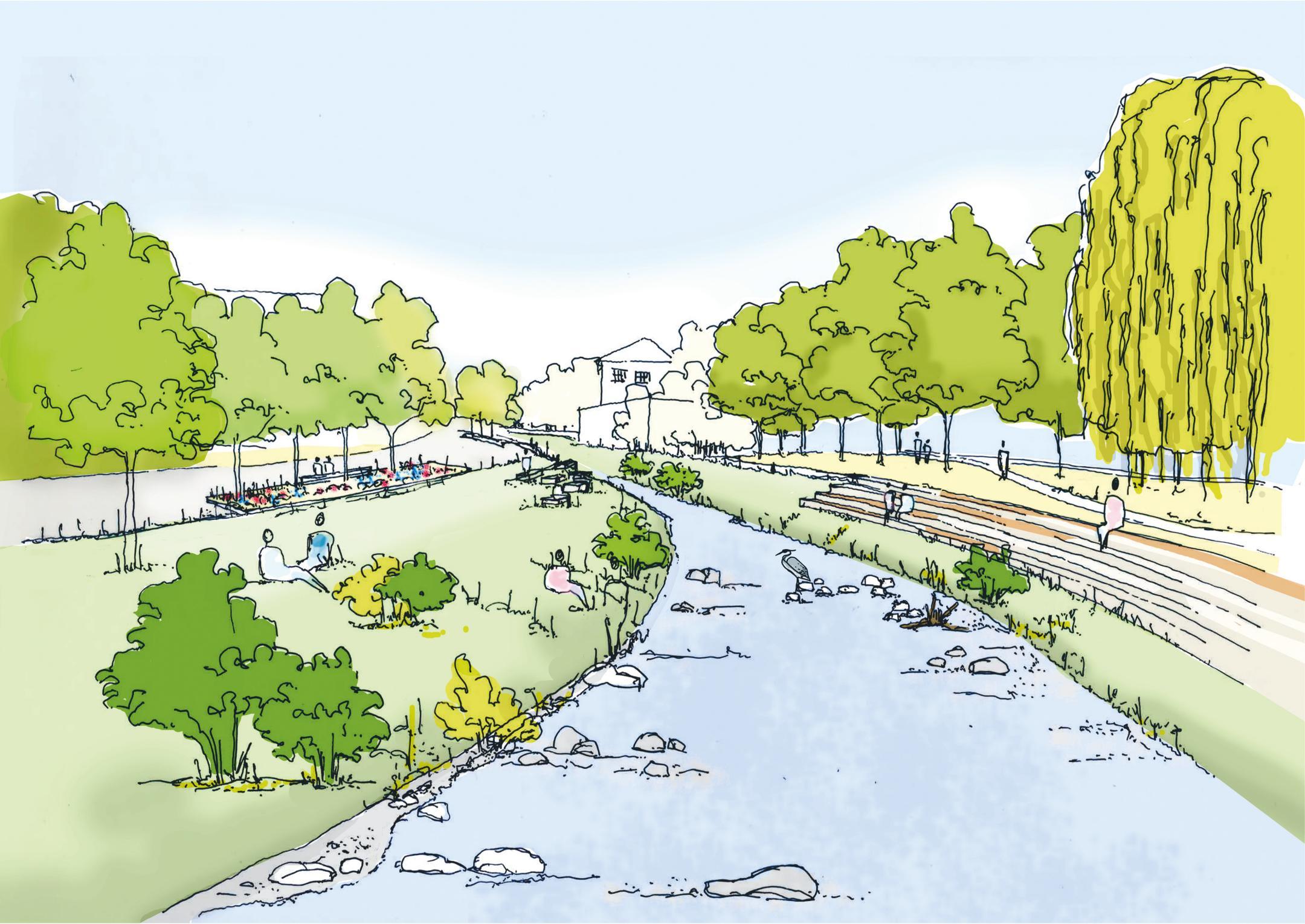 Das gezeichnete Bild zeigt die Reppisch mit Bäumen und Büschen. Rechts sind Sitzstufen ersichtlich, auf denen Menschen sitzen. Links sitzen Personen im Gras am Ufer des Flusses.