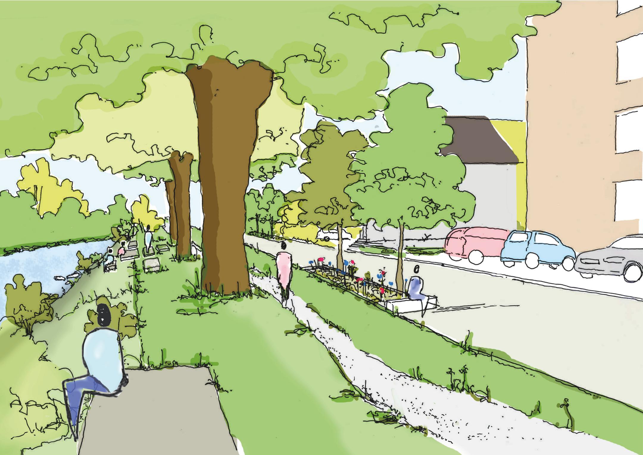 Das gezeichnete Bild zeigt eine Skizze der Oberen Reppischstrasse in Dietikon. Rechts sind Sitzstufen mit Menschen ersichtlich. Bäume säumen das Flussufer. Rechts im Bild sind eine Strasse und Häuser sichtbar. 