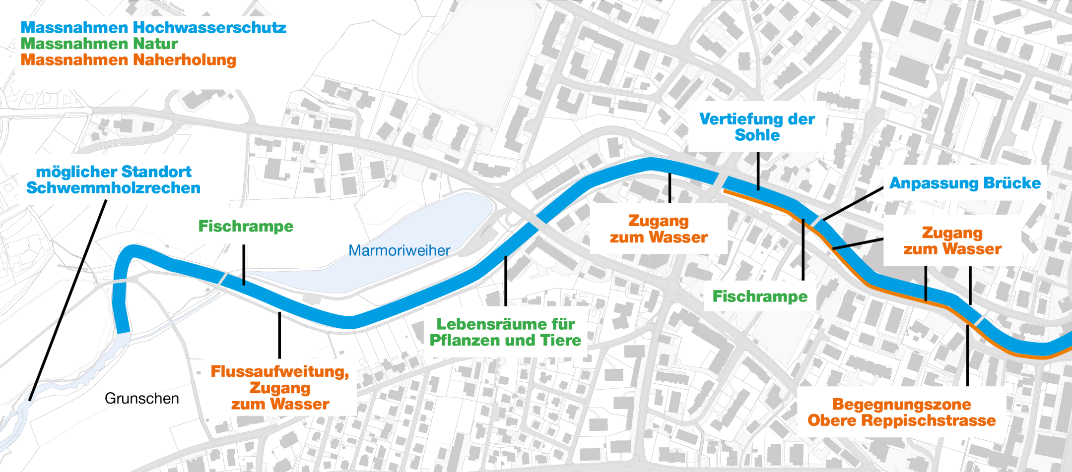 Das Bild zeigt eine Karte mit eingetragenem Flussverlauf der Reppisch. Dargestellt sind die Massnahmen für Hochwasserschutz, Naherholung und Natur. 