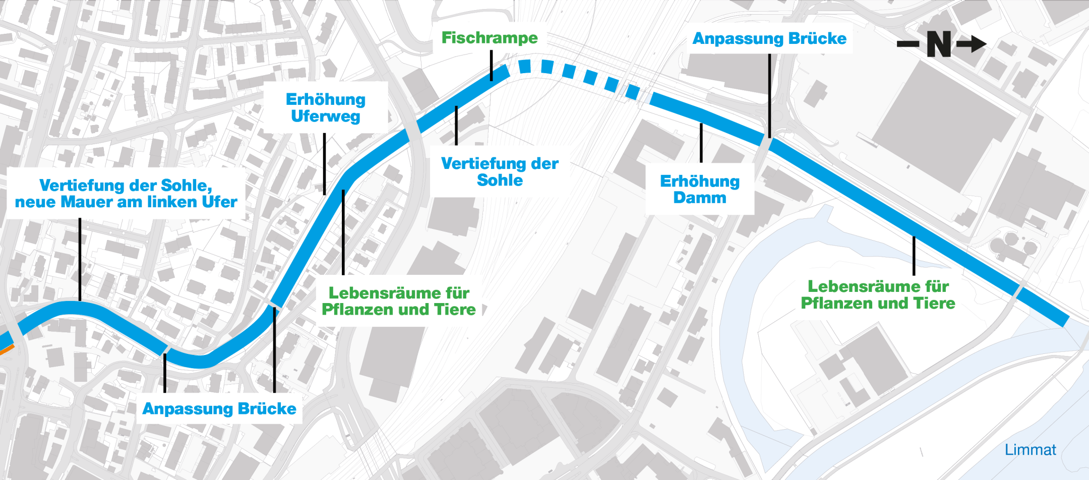 Das Bild zeigt eine Karte mit eingetragenem Flussverlauf der Reppisch. Dargestellt sind die Massnahmen für Hochwasserschutz, Naherholung und Natur. 